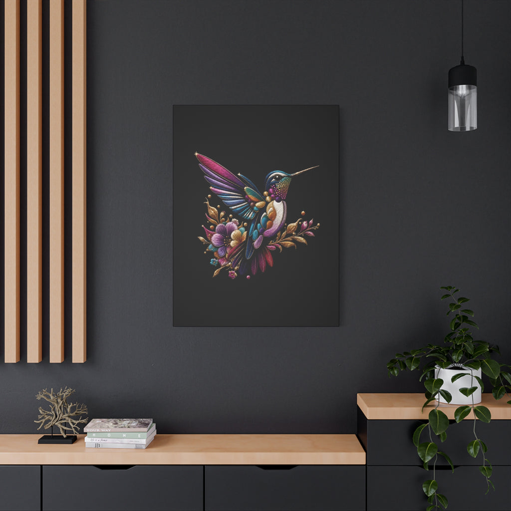 Colorful Hummingbird Floral Canvas Wall Art – Vibrant Bird Print on Black Matte