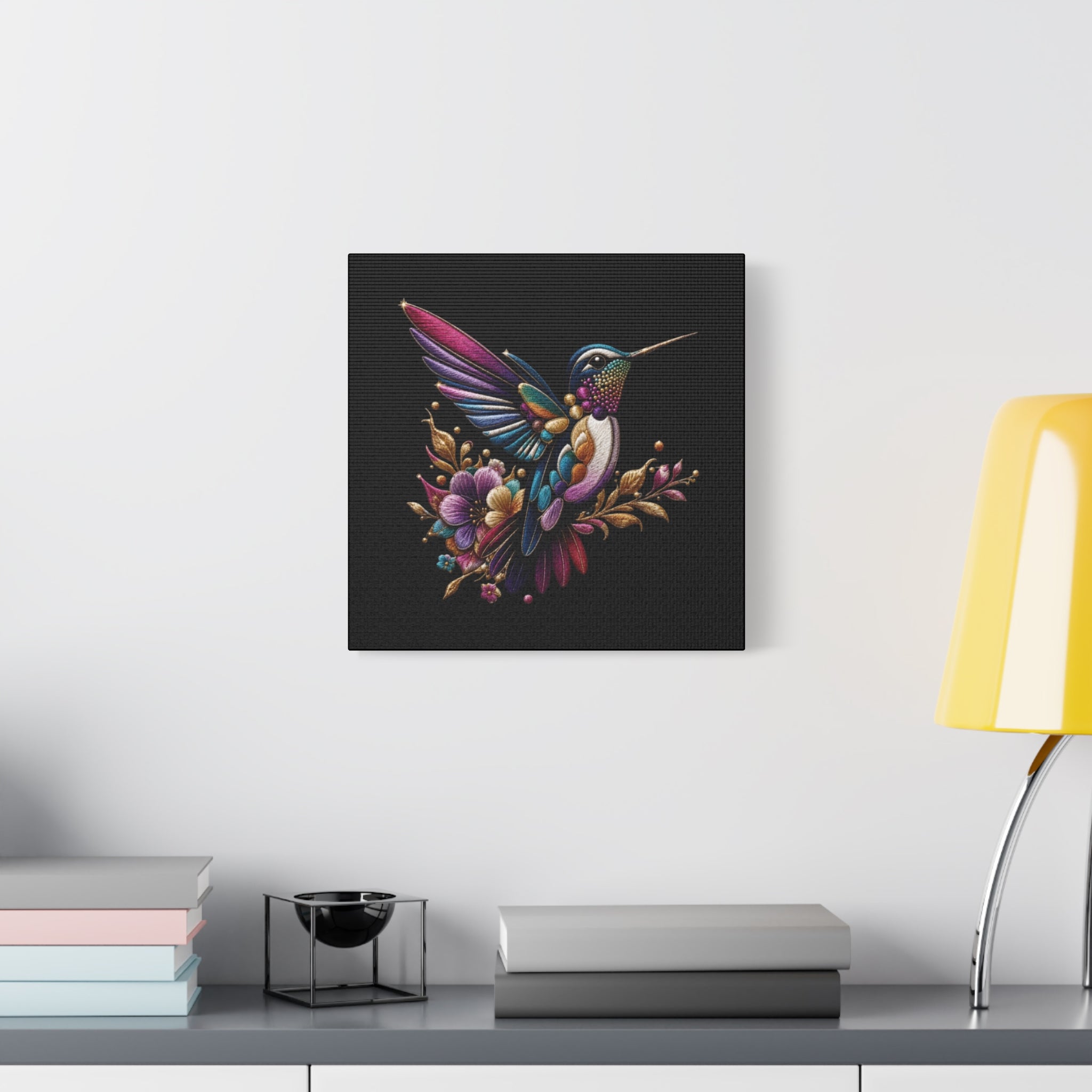 Colorful Hummingbird Floral Canvas Wall Art – Vibrant Bird Print on Black Matte