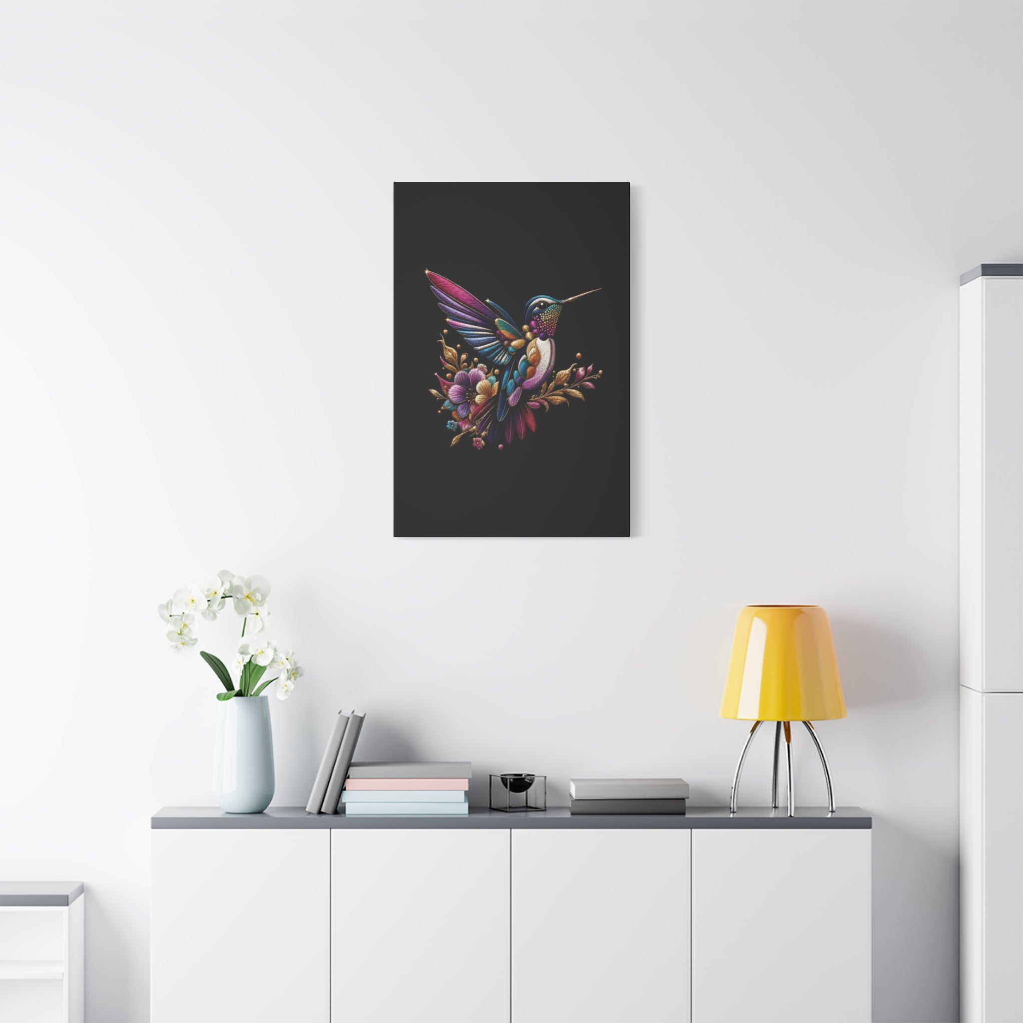 Colorful Hummingbird Floral Canvas Wall Art – Vibrant Bird Print on Black Matte