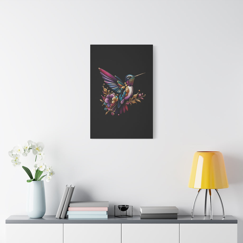 Colorful Hummingbird Floral Canvas Wall Art – Vibrant Bird Print on Black Matte