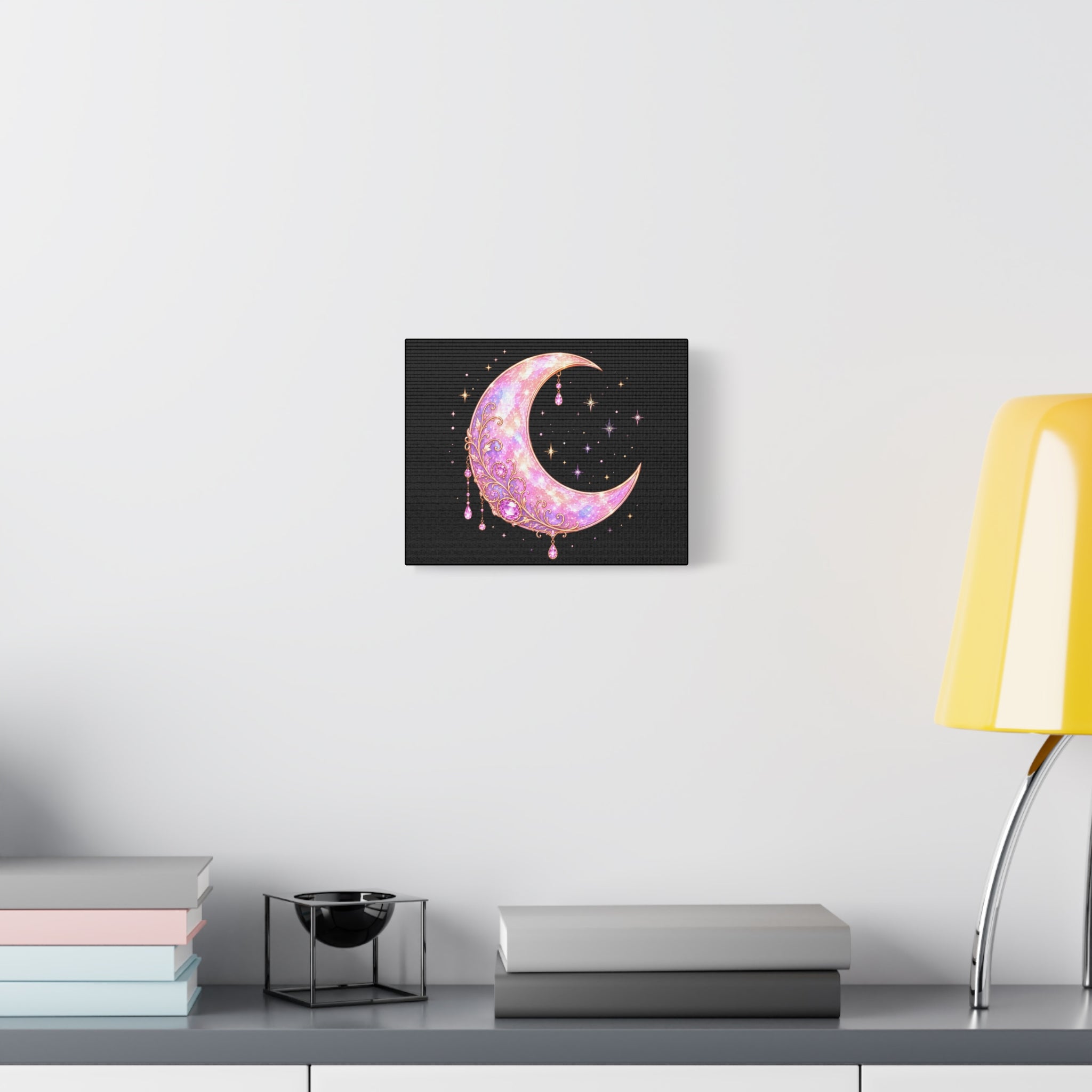 Pink Jewel Moon Canvas Wall Art — Sparkling Crescent Moon Print for Bedroom, Nursery & Boho Décor