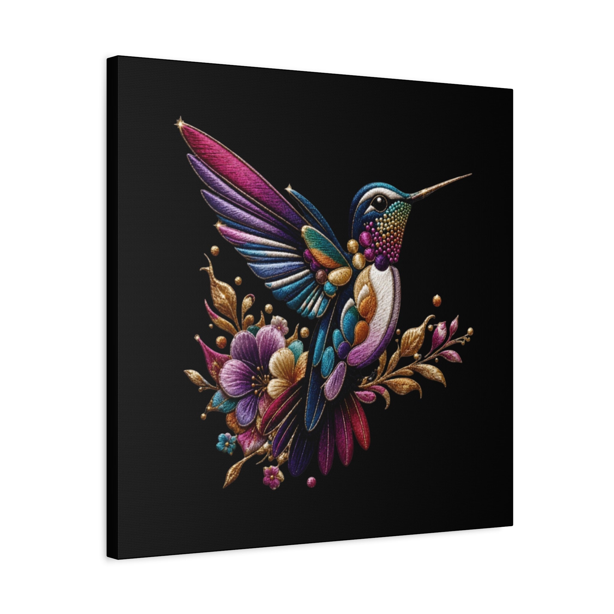 Colorful Hummingbird Floral Canvas Wall Art – Vibrant Bird Print on Black Matte