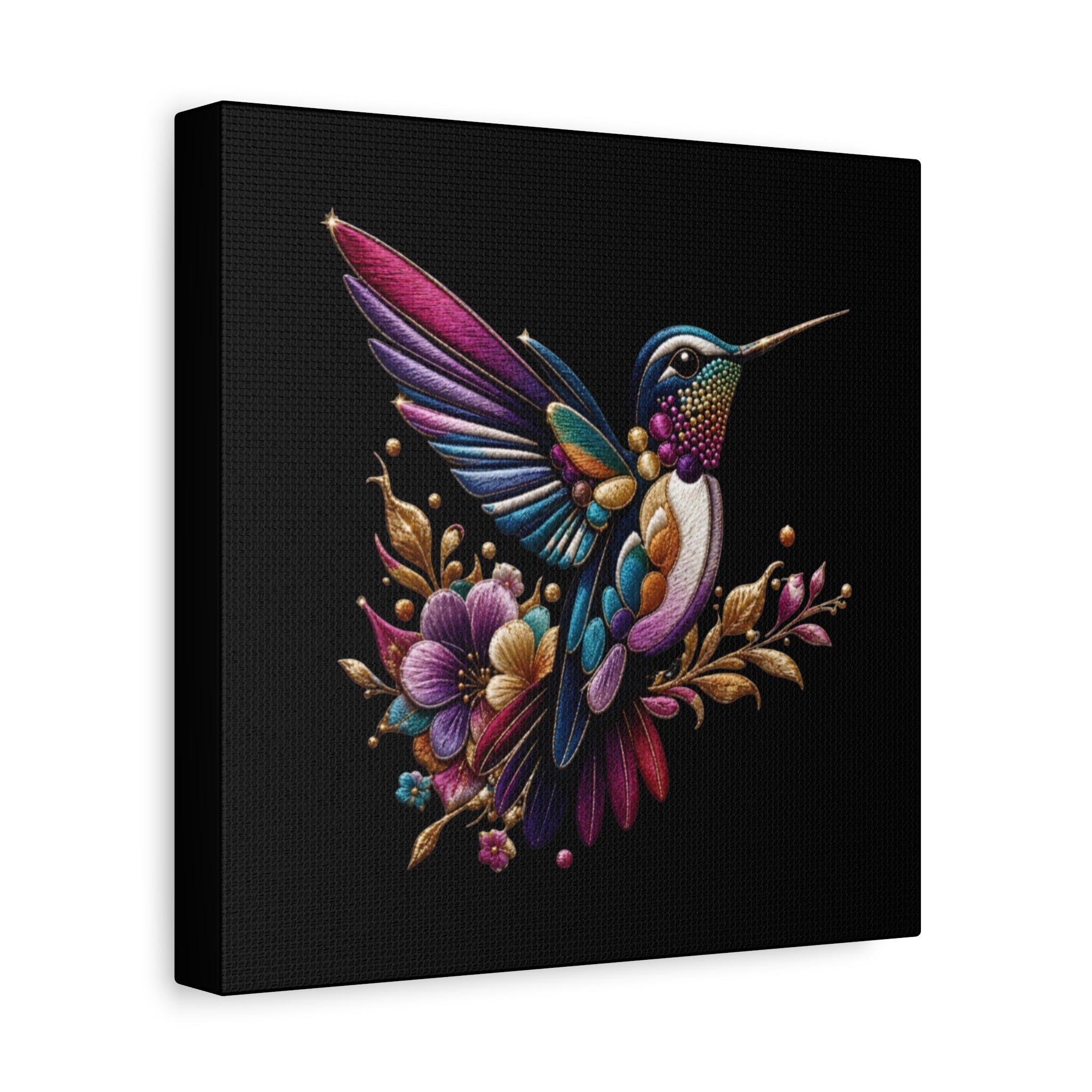 Colorful Hummingbird Floral Canvas Wall Art – Vibrant Bird Print on Black Matte