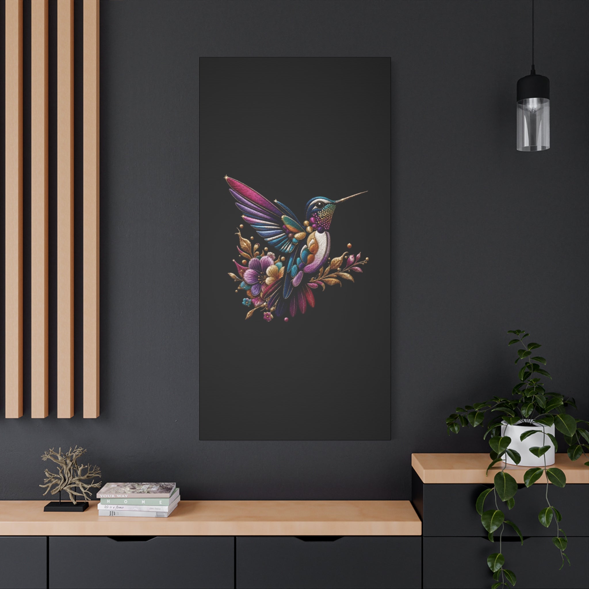 Colorful Hummingbird Floral Canvas Wall Art – Vibrant Bird Print on Black Matte