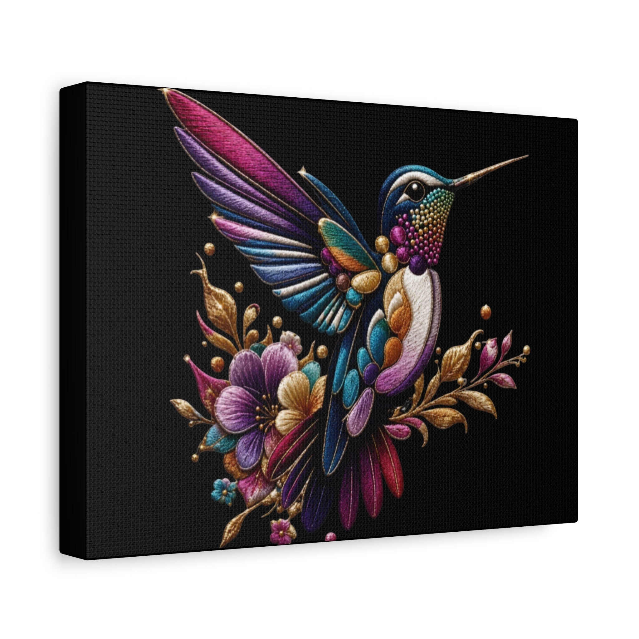 Colorful Hummingbird Floral Canvas Wall Art – Vibrant Bird Print on Black Matte