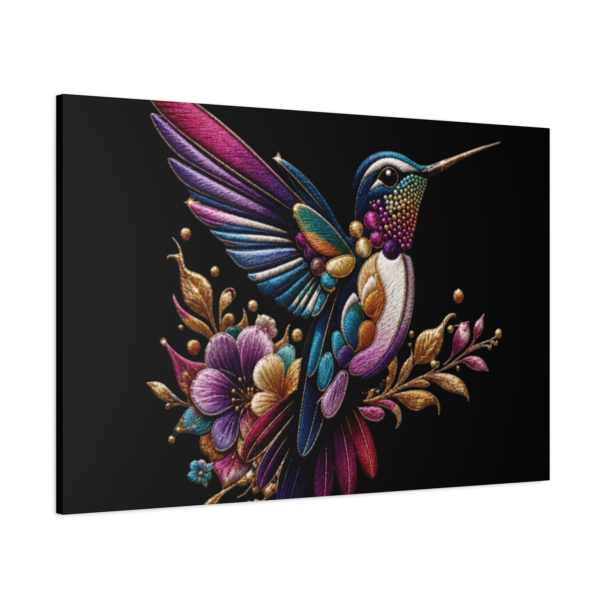 Colorful Hummingbird Floral Canvas Wall Art – Vibrant Bird Print on Black Matte