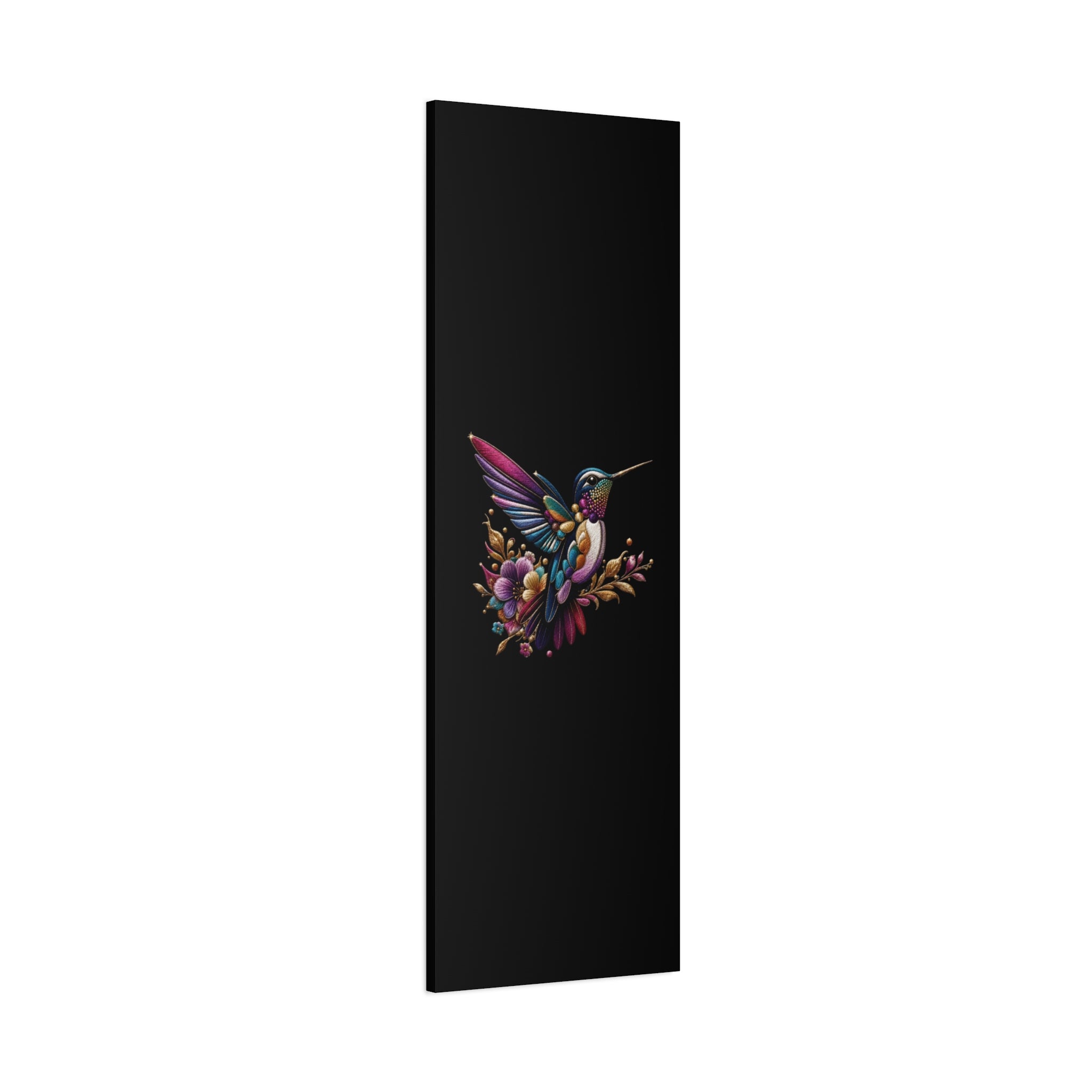 Colorful Hummingbird Floral Canvas Wall Art – Vibrant Bird Print on Black Matte