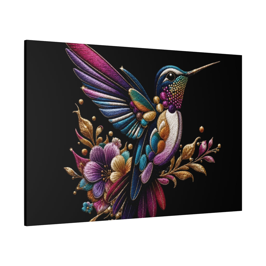 Colorful Hummingbird Floral Canvas Wall Art – Vibrant Bird Print on Black Matte
