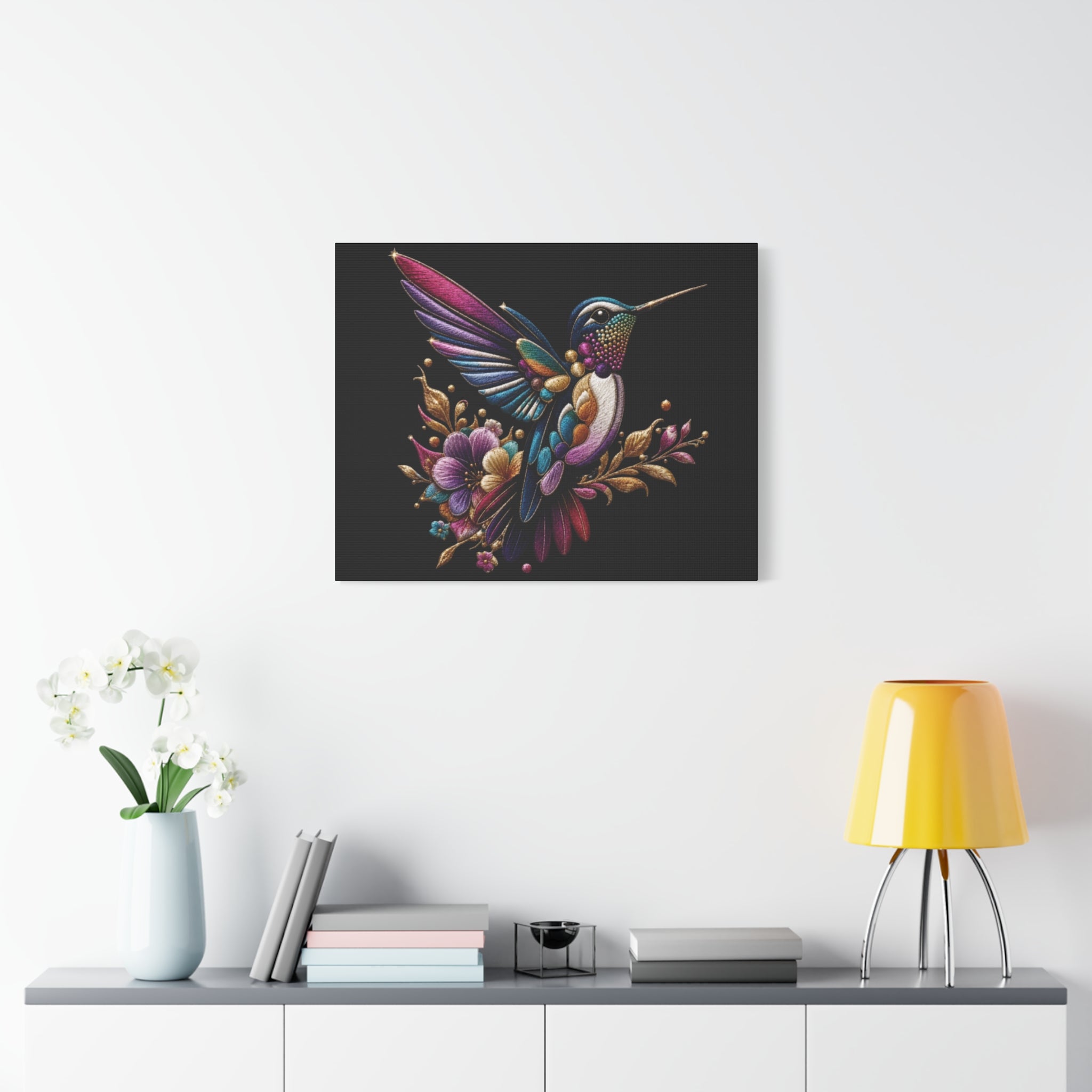 Colorful Hummingbird Floral Canvas Wall Art – Vibrant Bird Print on Black Matte