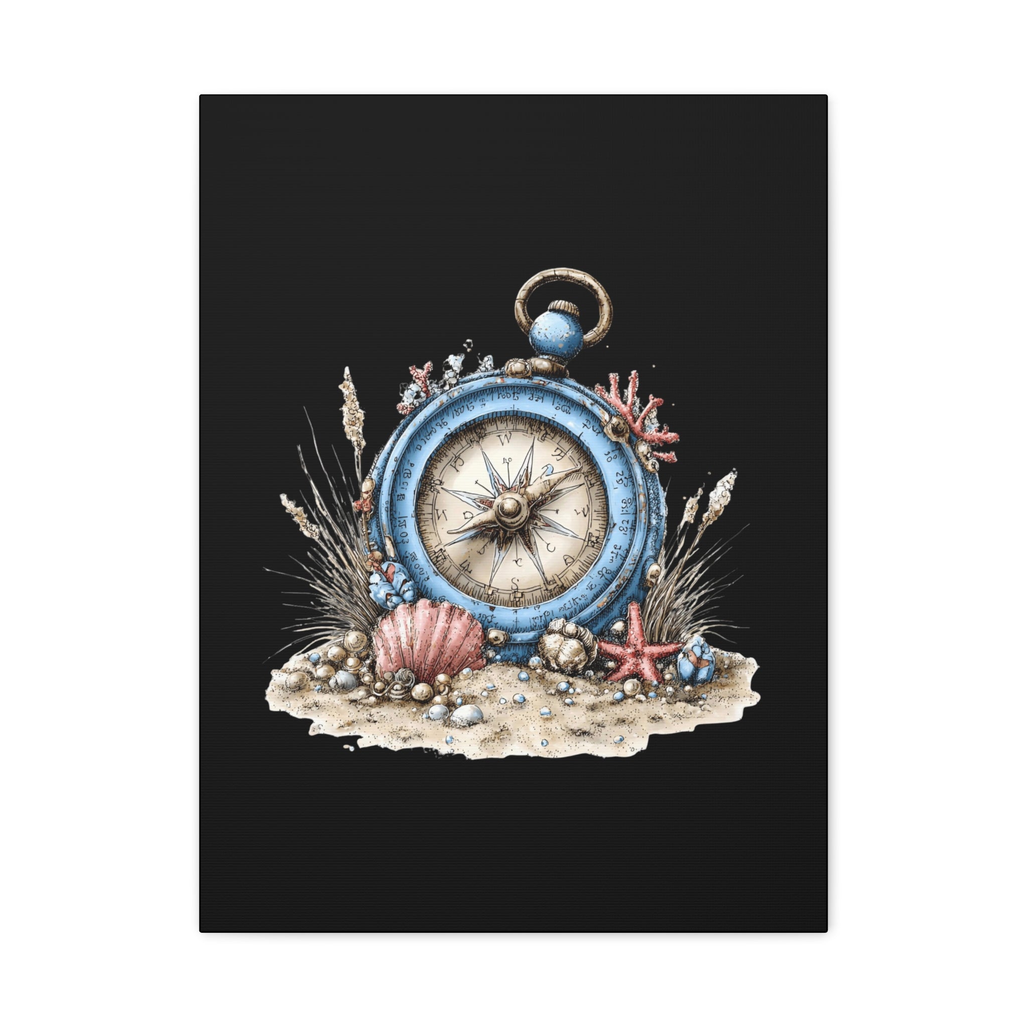 Nautical Compass Canvas Wall Art — Vintage Sea Shell Beach Decor