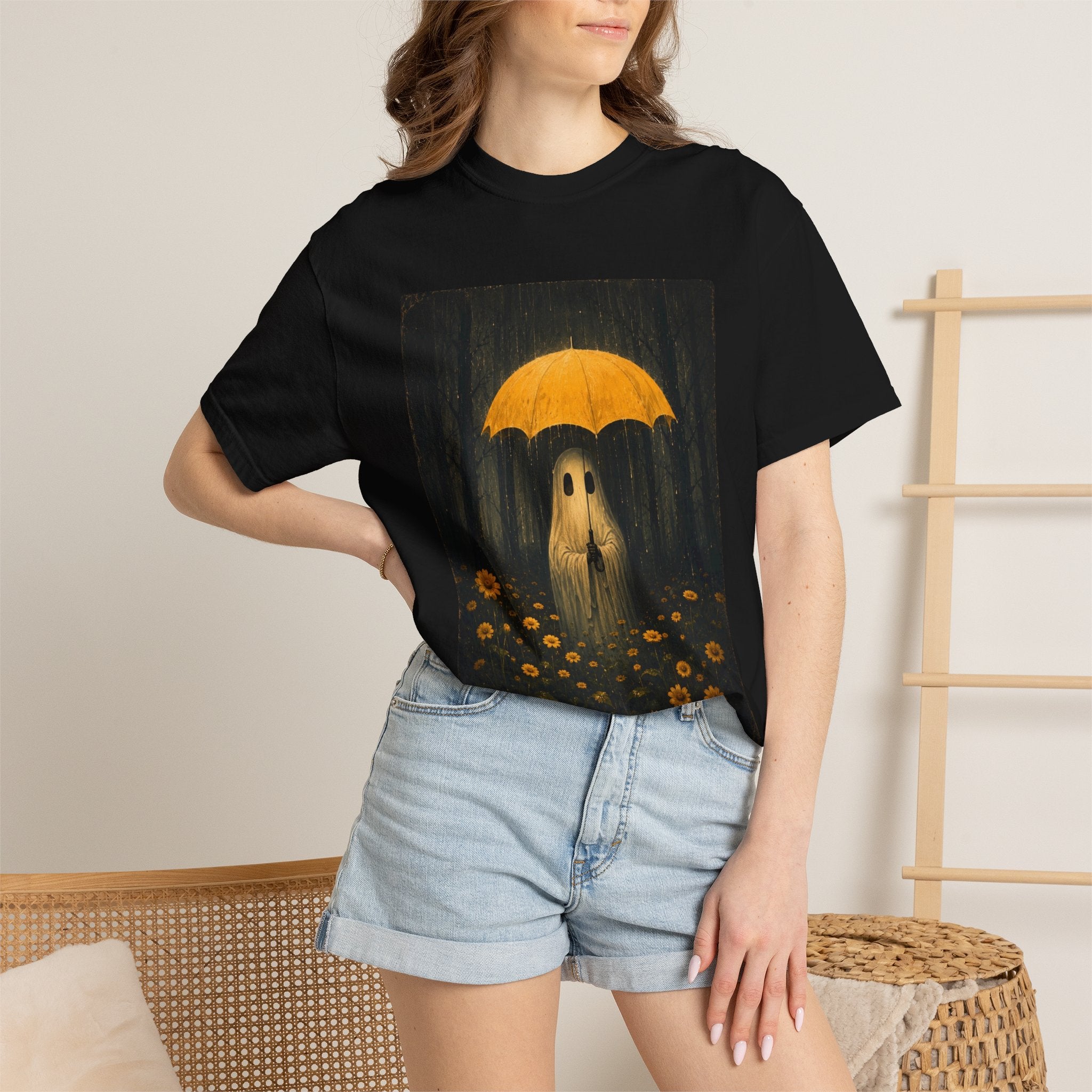 Ghost Under Yellow Umbrella T-Shirt — Whimsical Spooky Tee for Fall & Halloween