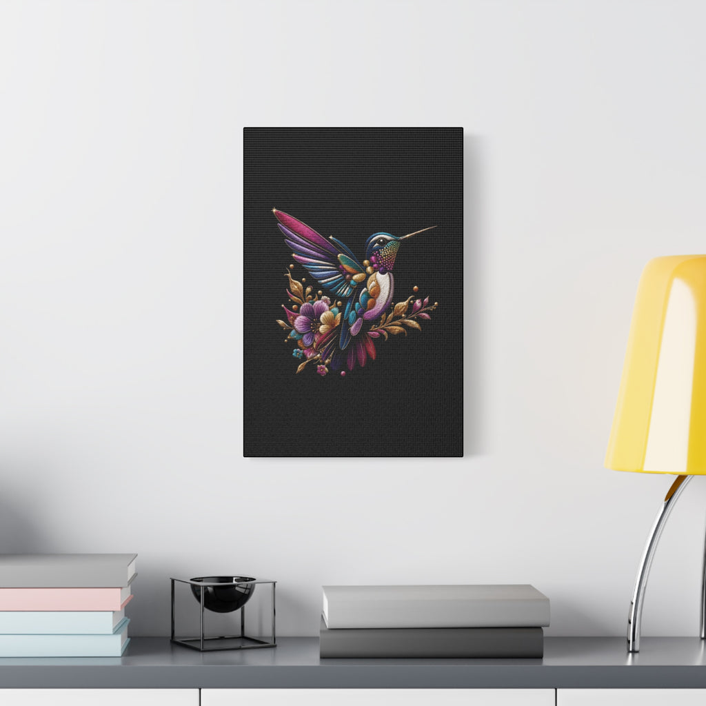 Colorful Hummingbird Floral Canvas Wall Art – Vibrant Bird Print on Black Matte