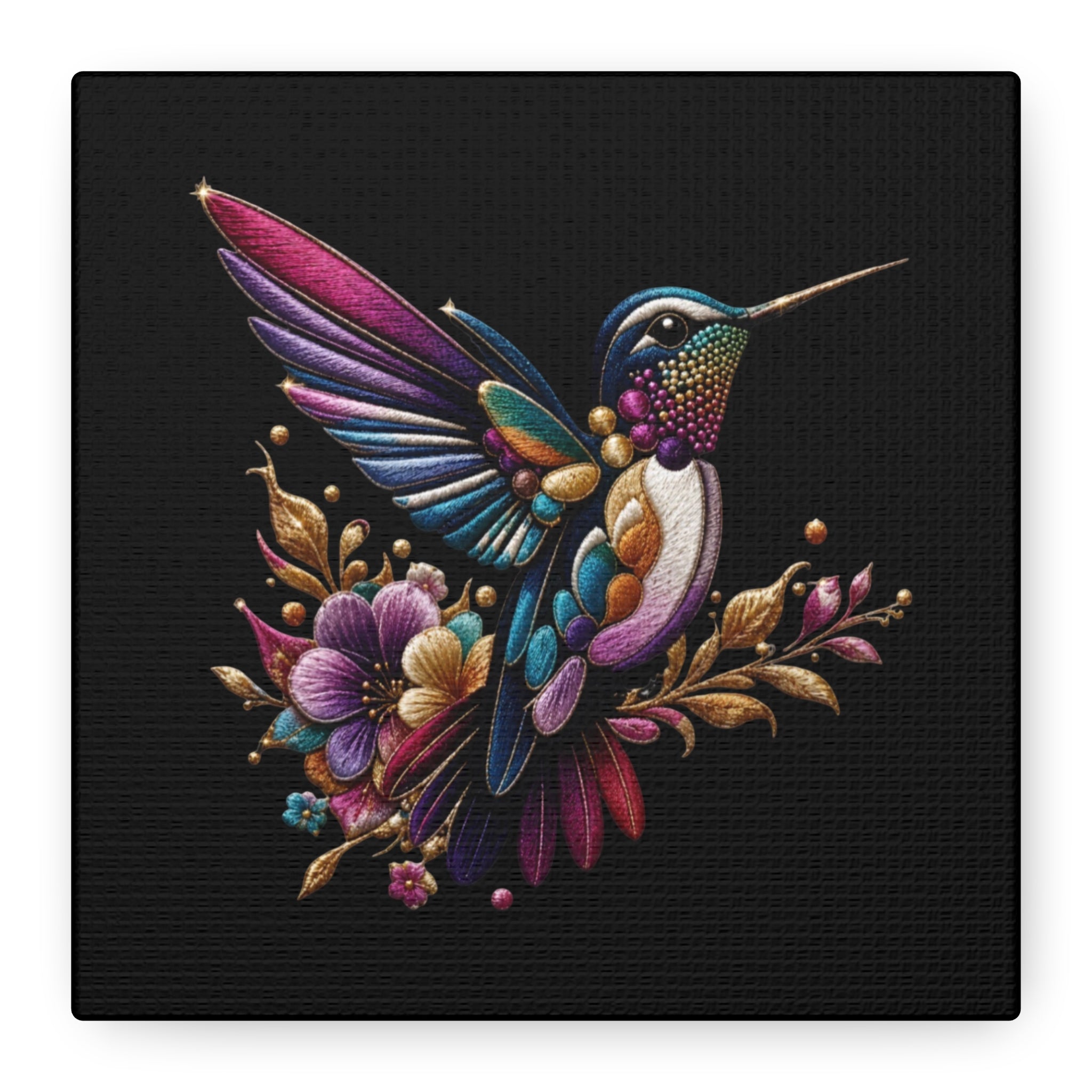 Colorful Hummingbird Floral Canvas Wall Art – Vibrant Bird Print on Black Matte