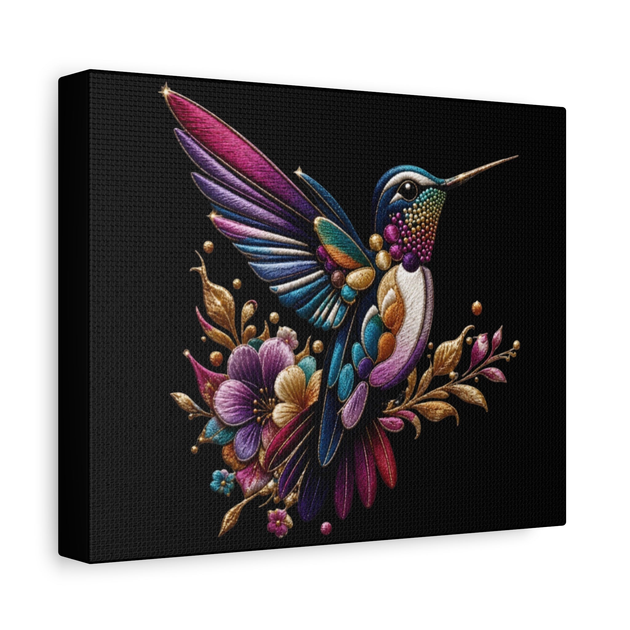 Colorful Hummingbird Floral Canvas Wall Art – Vibrant Bird Print on Black Matte