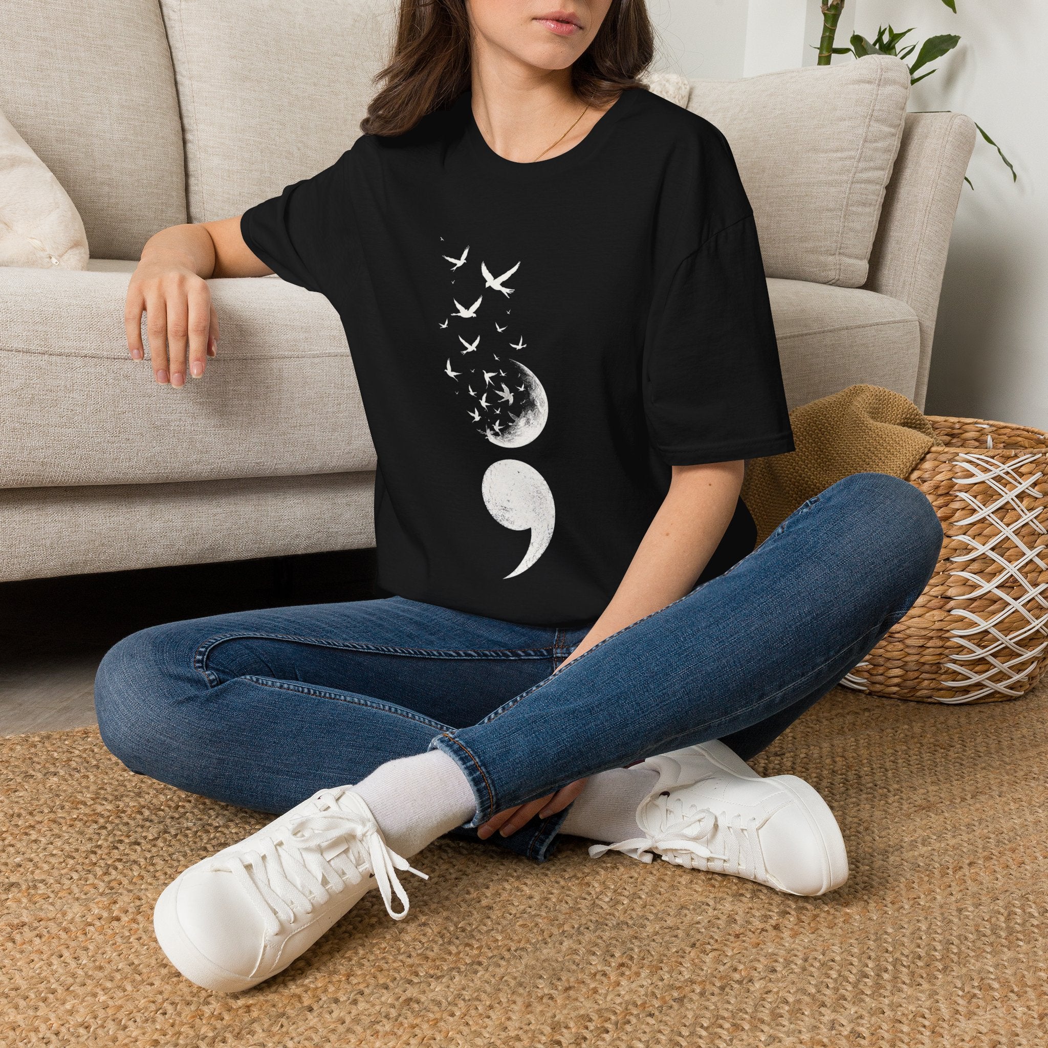 Semicolon Moon & Birds T‑Shirt — Mental Health Awareness Graphic Tee