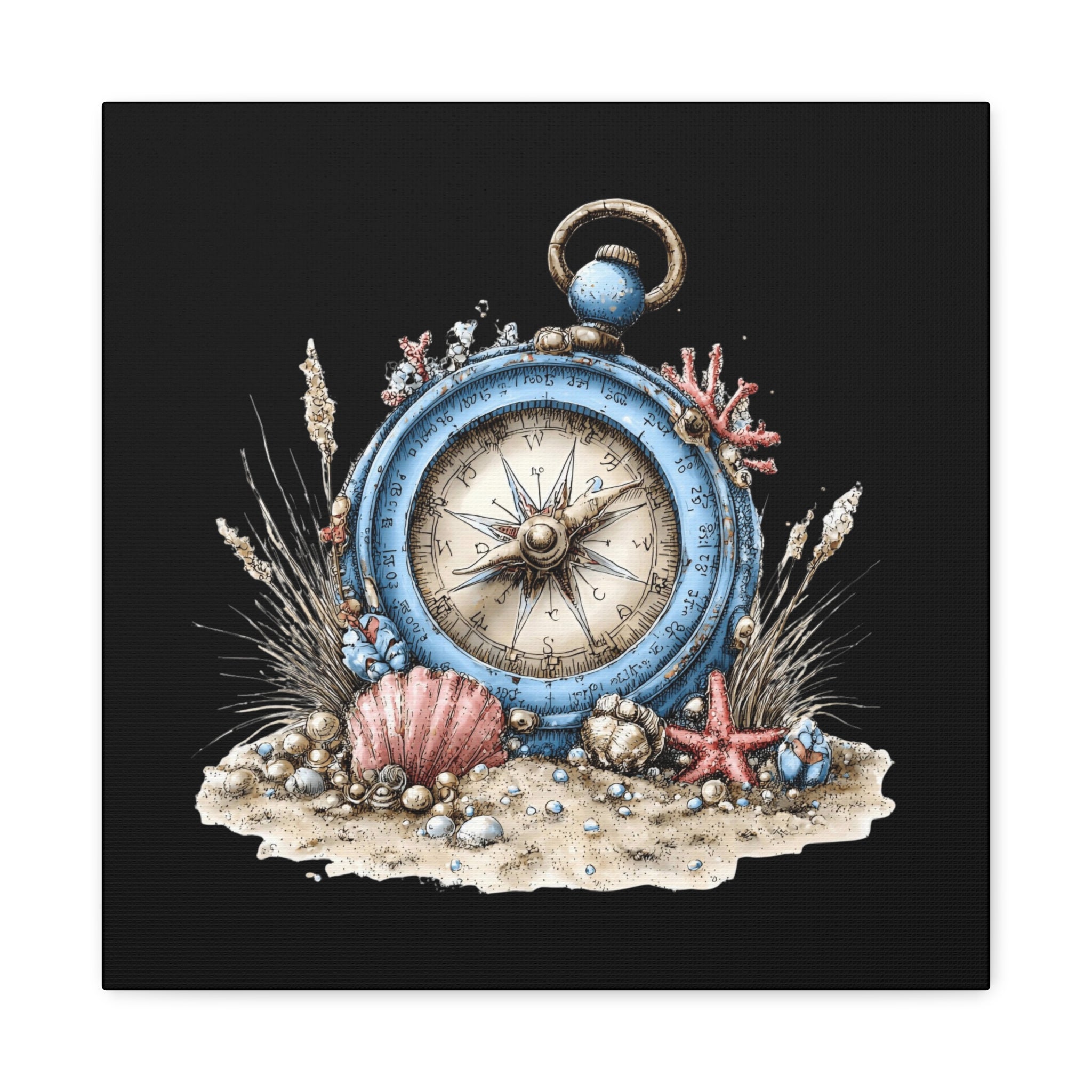 Nautical Compass Canvas Wall Art — Vintage Sea Shell Beach Decor