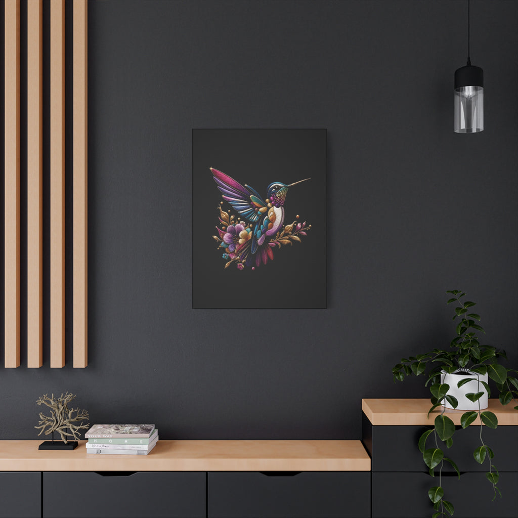 Colorful Hummingbird Floral Canvas Wall Art – Vibrant Bird Print on Black Matte