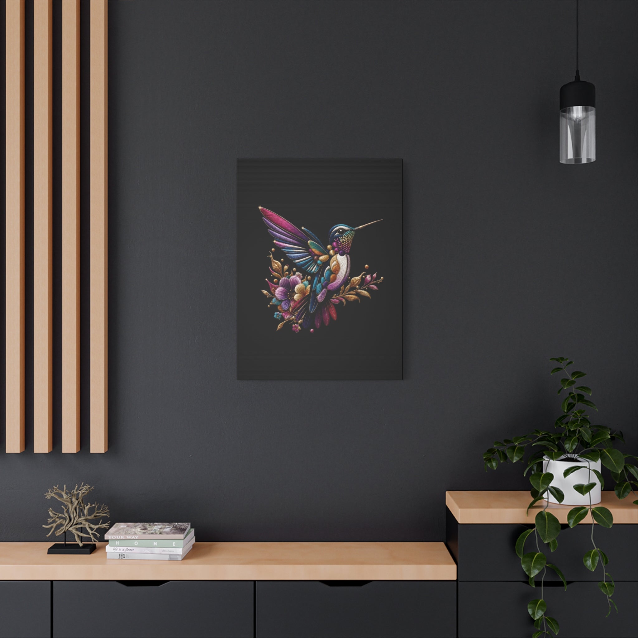 Colorful Hummingbird Floral Canvas Wall Art – Vibrant Bird Print on Black Matte