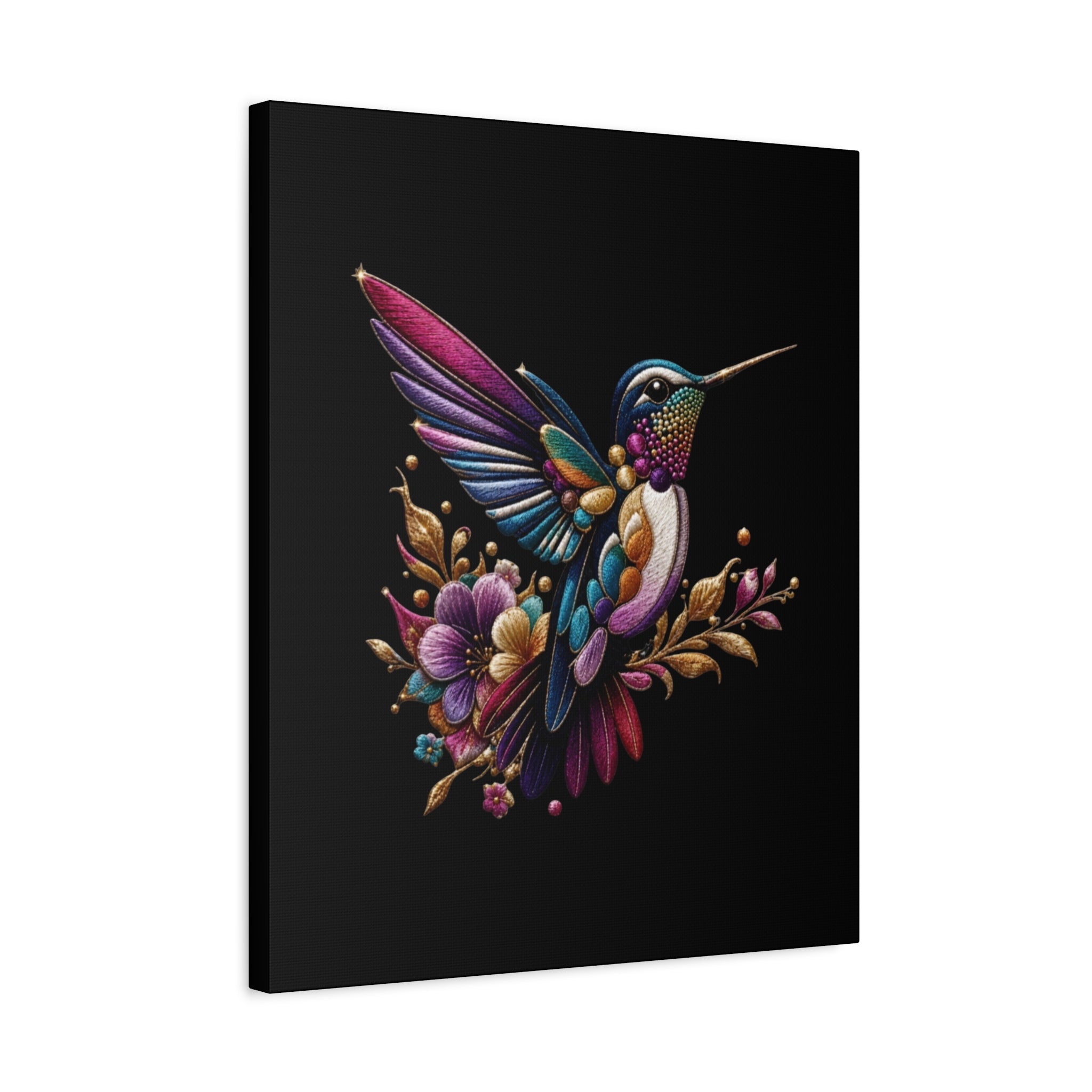 Colorful Hummingbird Floral Canvas Wall Art – Vibrant Bird Print on Black Matte