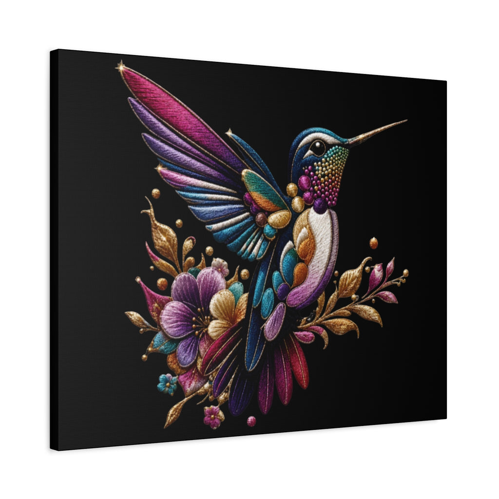 Colorful Hummingbird Floral Canvas Wall Art – Vibrant Bird Print on Black Matte