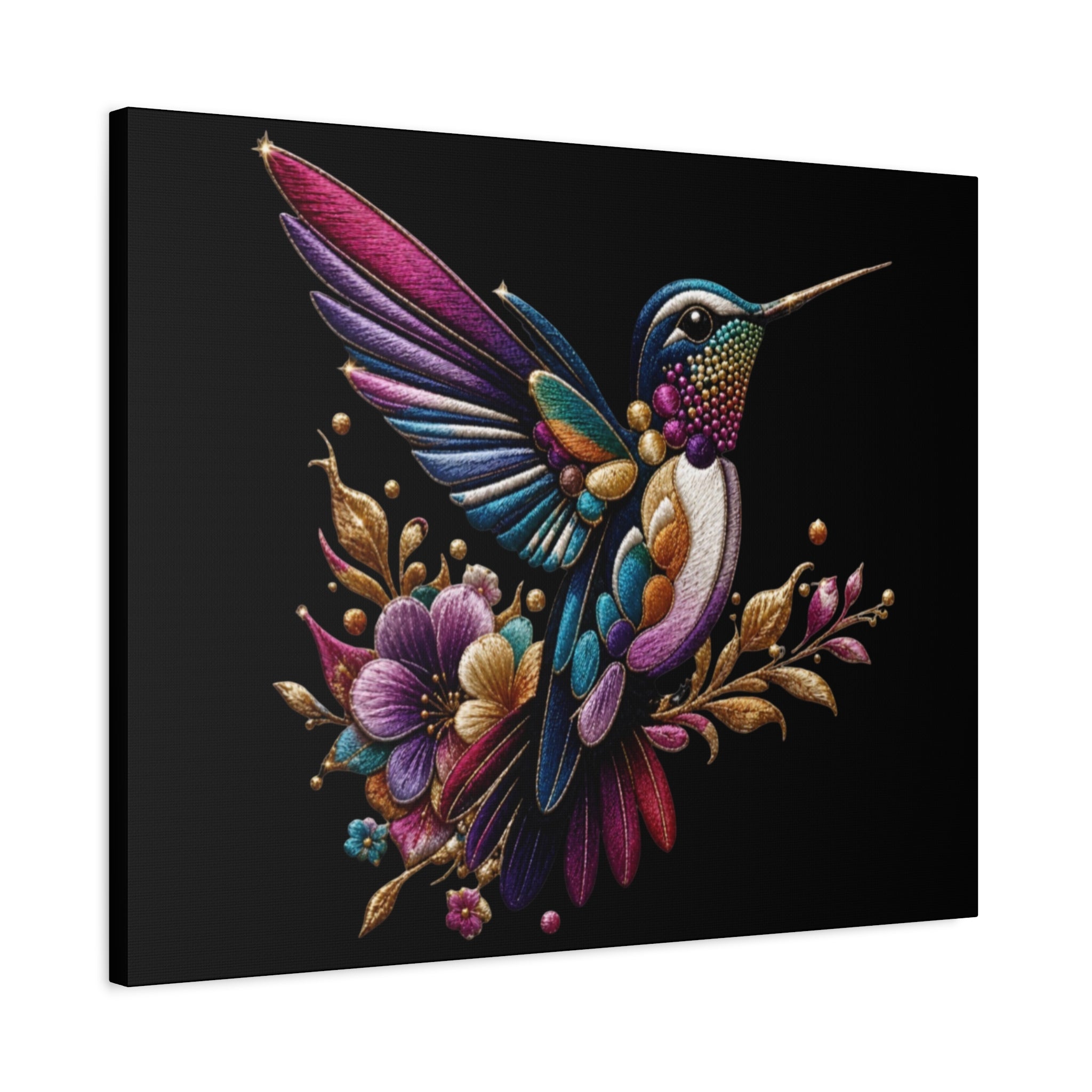 Colorful Hummingbird Floral Canvas Wall Art – Vibrant Bird Print on Black Matte