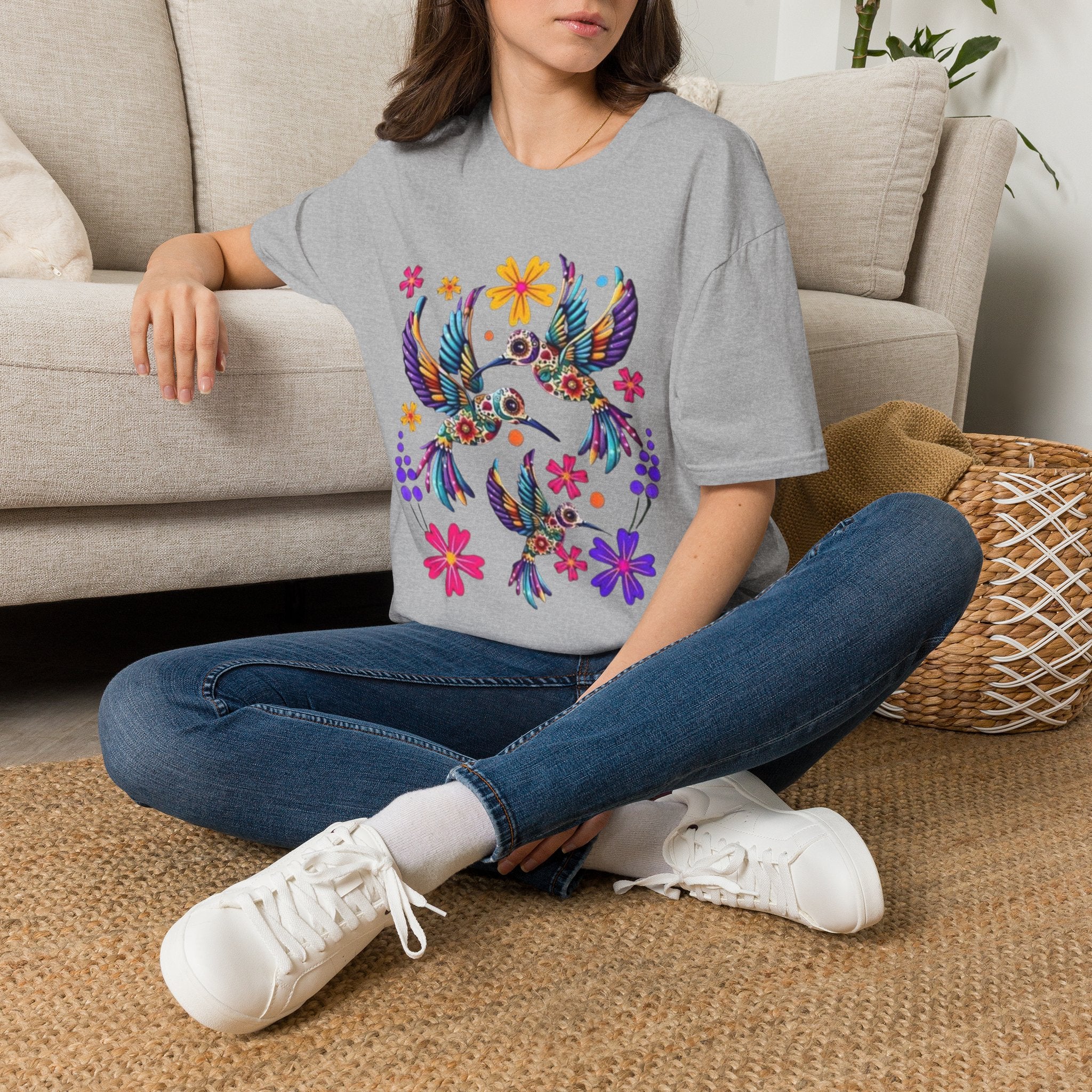 Floral Hummingbird T-Shirt — Colorful Boho Bird Graphic Tee