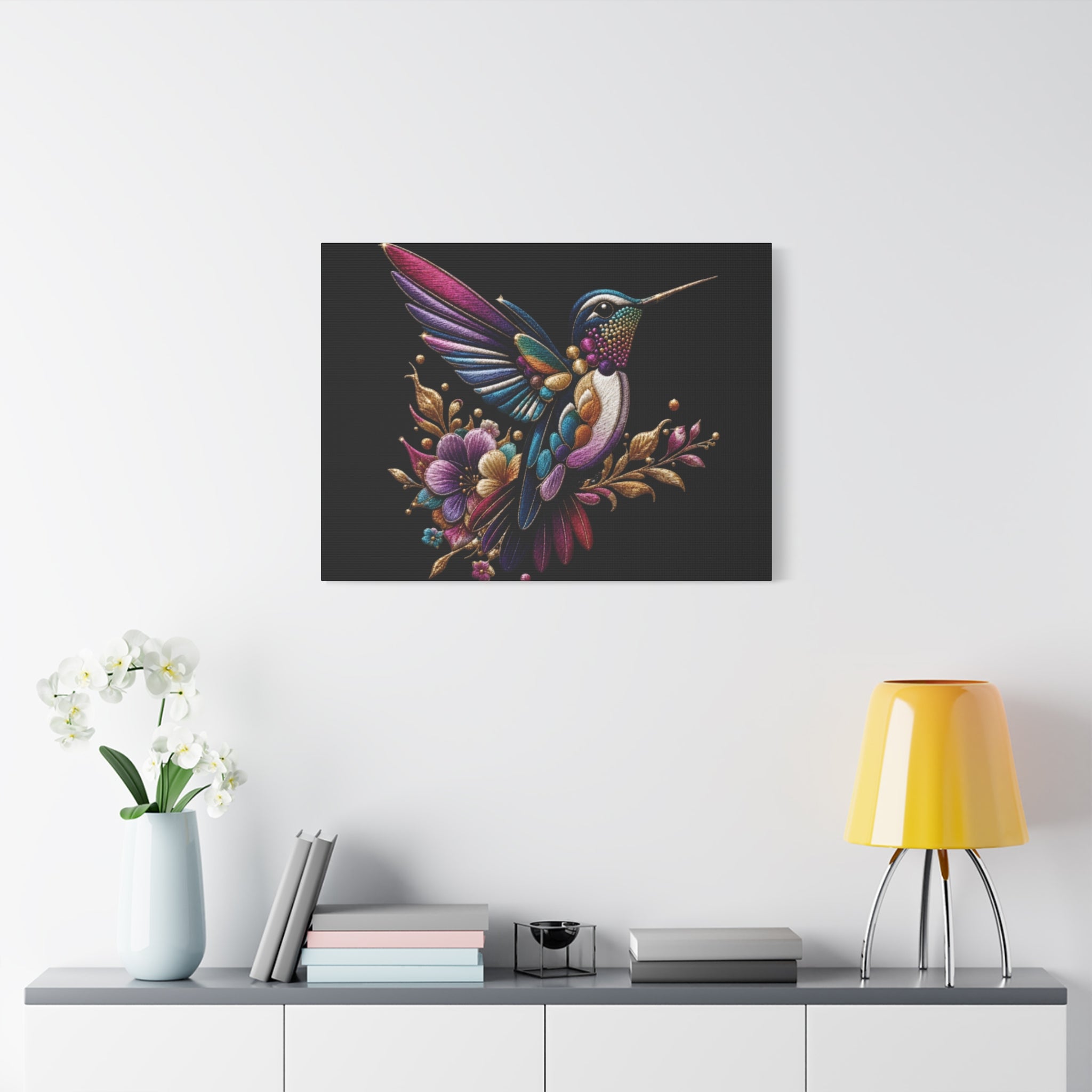 Colorful Hummingbird Floral Canvas Wall Art – Vibrant Bird Print on Black Matte