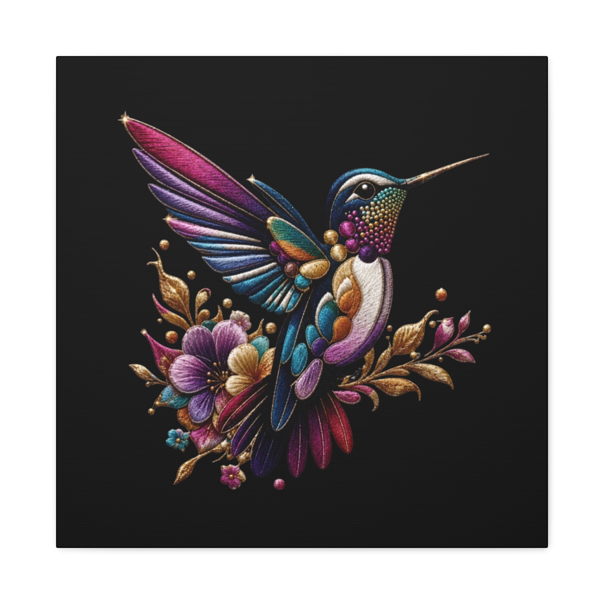 Colorful Hummingbird Floral Canvas Wall Art – Vibrant Bird Print on Black Matte