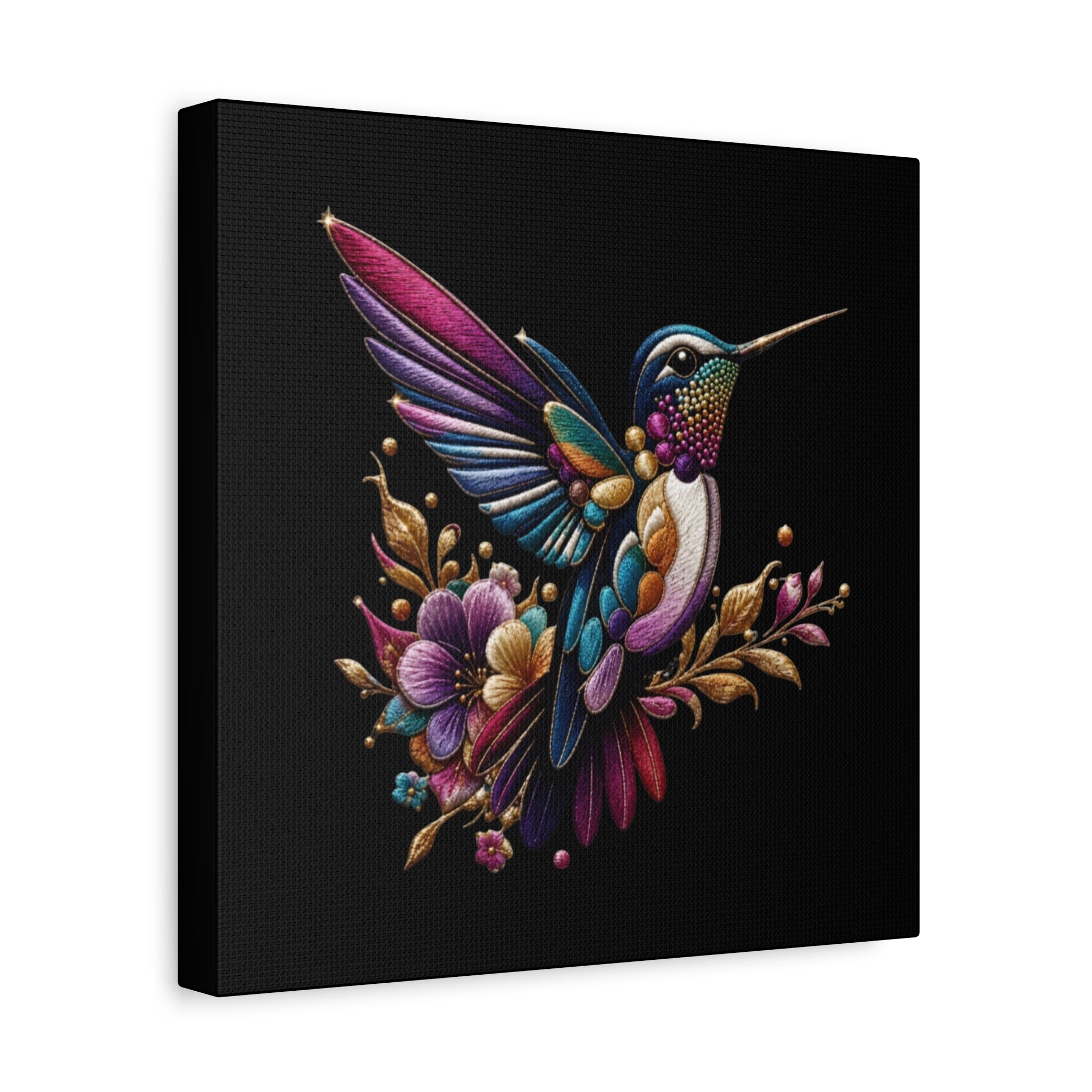 Colorful Hummingbird Floral Canvas Wall Art – Vibrant Bird Print on Black Matte
