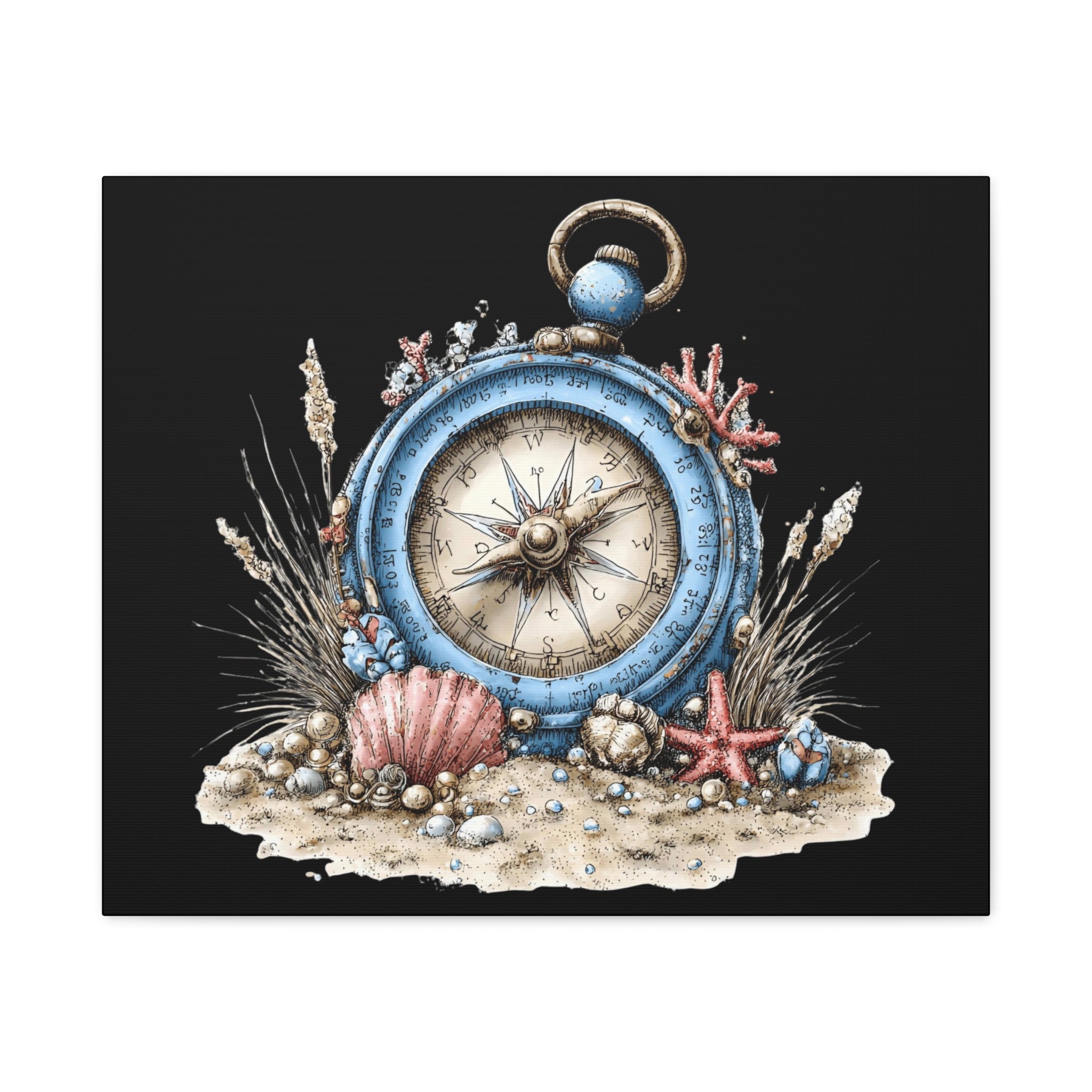 Nautical Compass Canvas Wall Art — Vintage Sea Shell Beach Decor