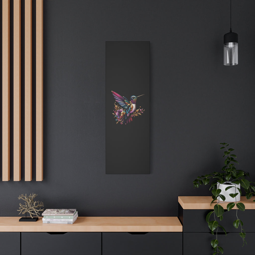 Colorful Hummingbird Floral Canvas Wall Art – Vibrant Bird Print on Black Matte