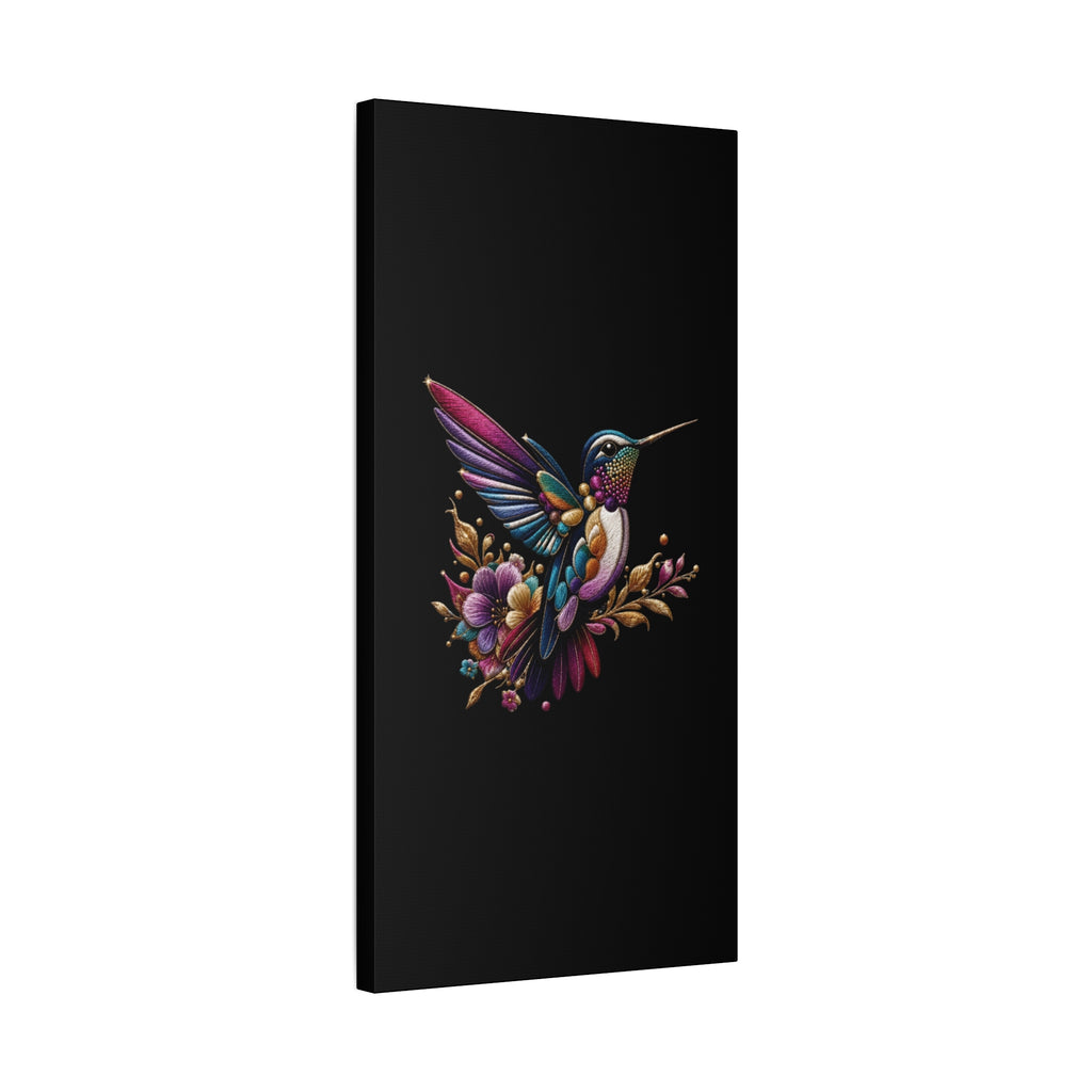 Colorful Hummingbird Floral Canvas Wall Art – Vibrant Bird Print on Black Matte