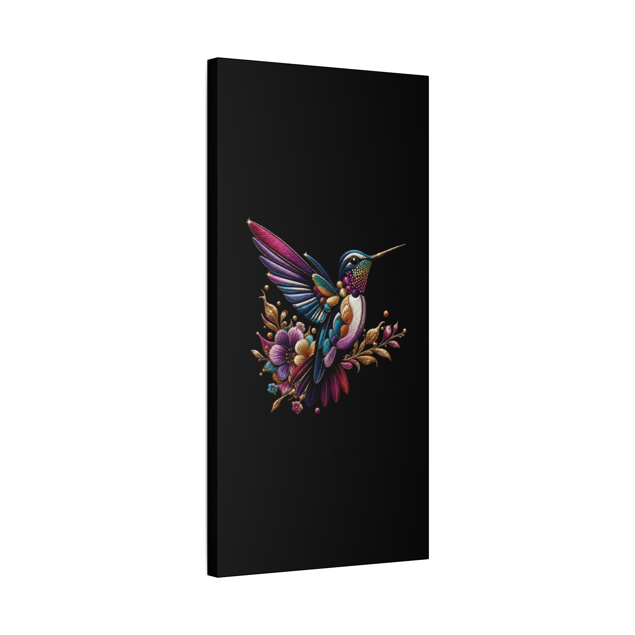 Colorful Hummingbird Floral Canvas Wall Art – Vibrant Bird Print on Black Matte