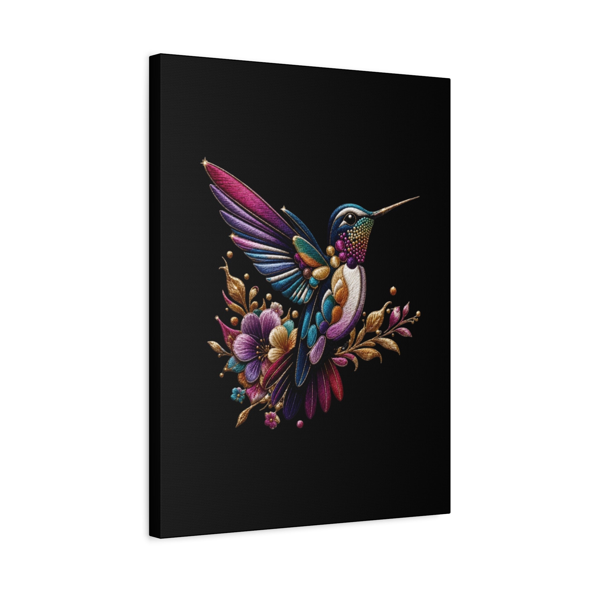 Colorful Hummingbird Floral Canvas Wall Art – Vibrant Bird Print on Black Matte