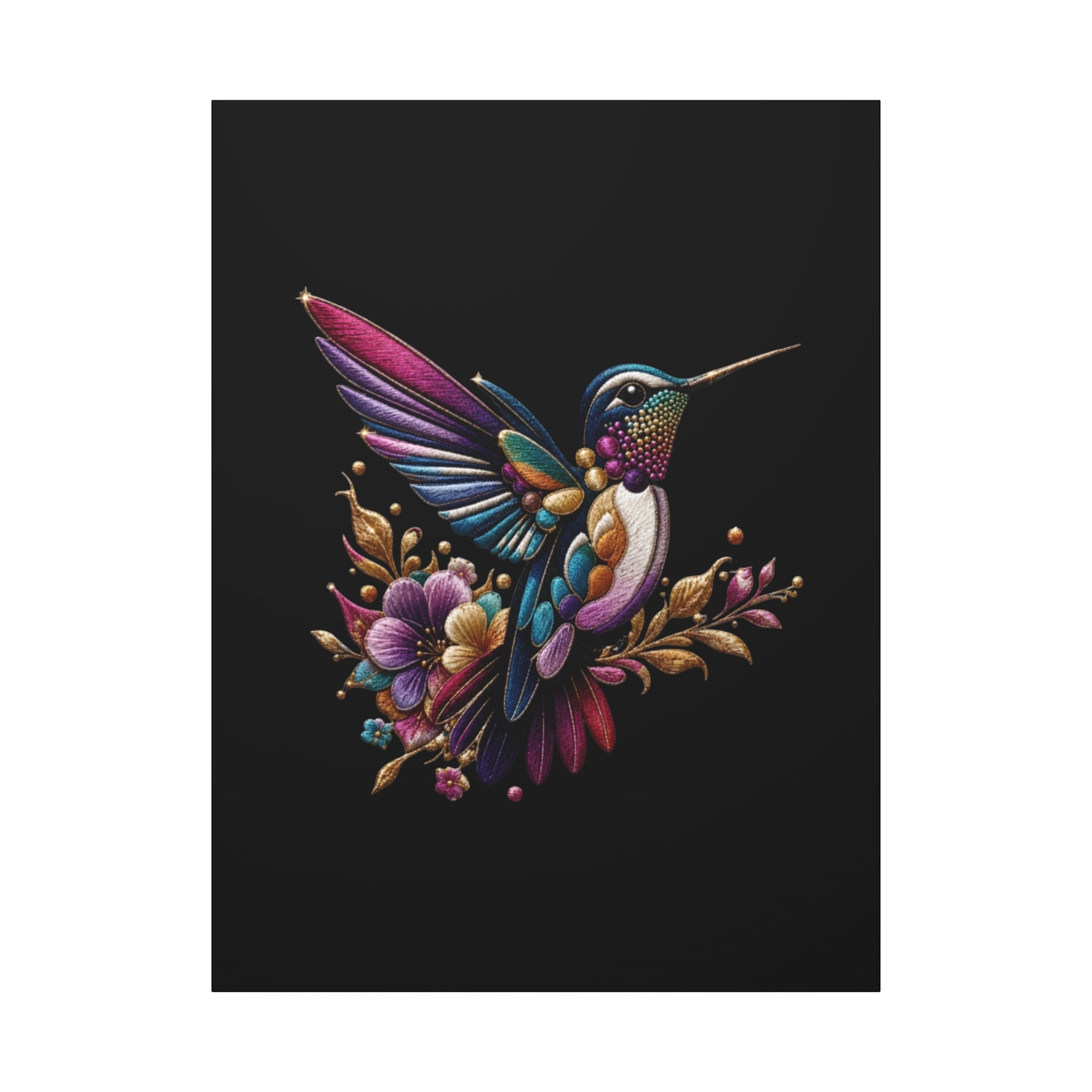 Colorful Hummingbird Floral Canvas Wall Art – Vibrant Bird Print on Black Matte