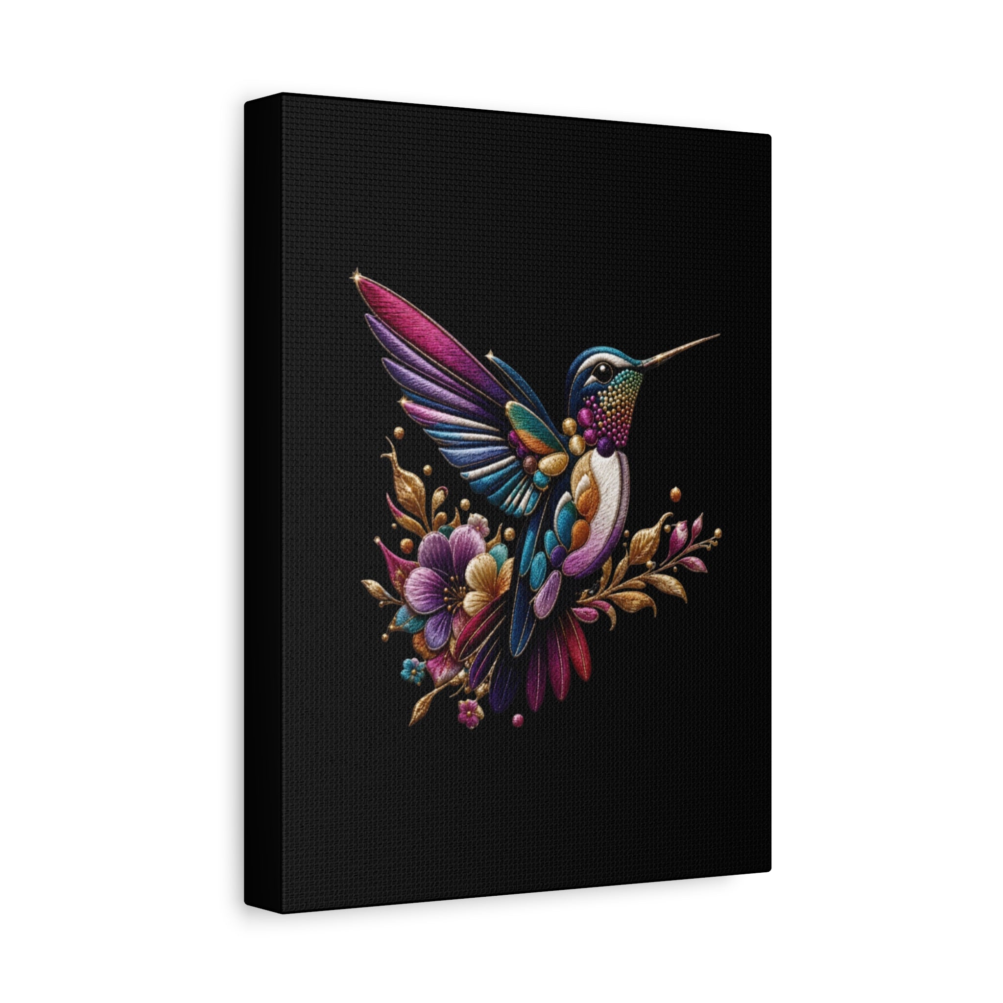 Colorful Hummingbird Floral Canvas Wall Art – Vibrant Bird Print on Black Matte