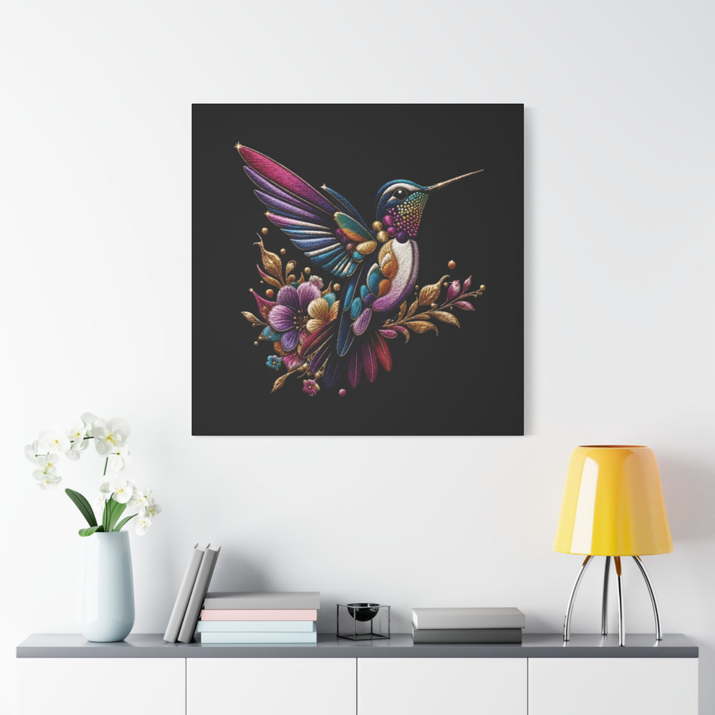 Colorful Hummingbird Floral Canvas Wall Art – Vibrant Bird Print on Black Matte