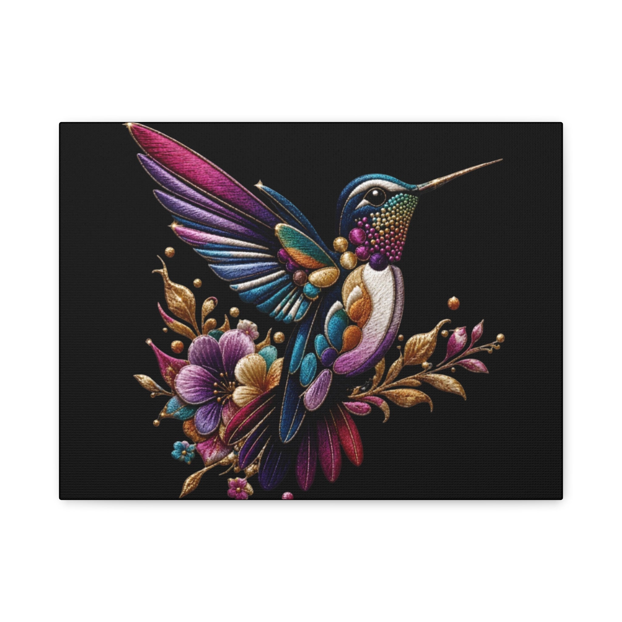 Colorful Hummingbird Floral Canvas Wall Art – Vibrant Bird Print on Black Matte