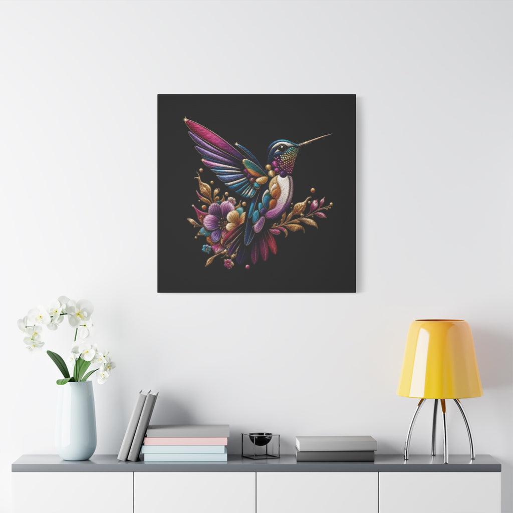 Colorful Hummingbird Floral Canvas Wall Art – Vibrant Bird Print on Black Matte