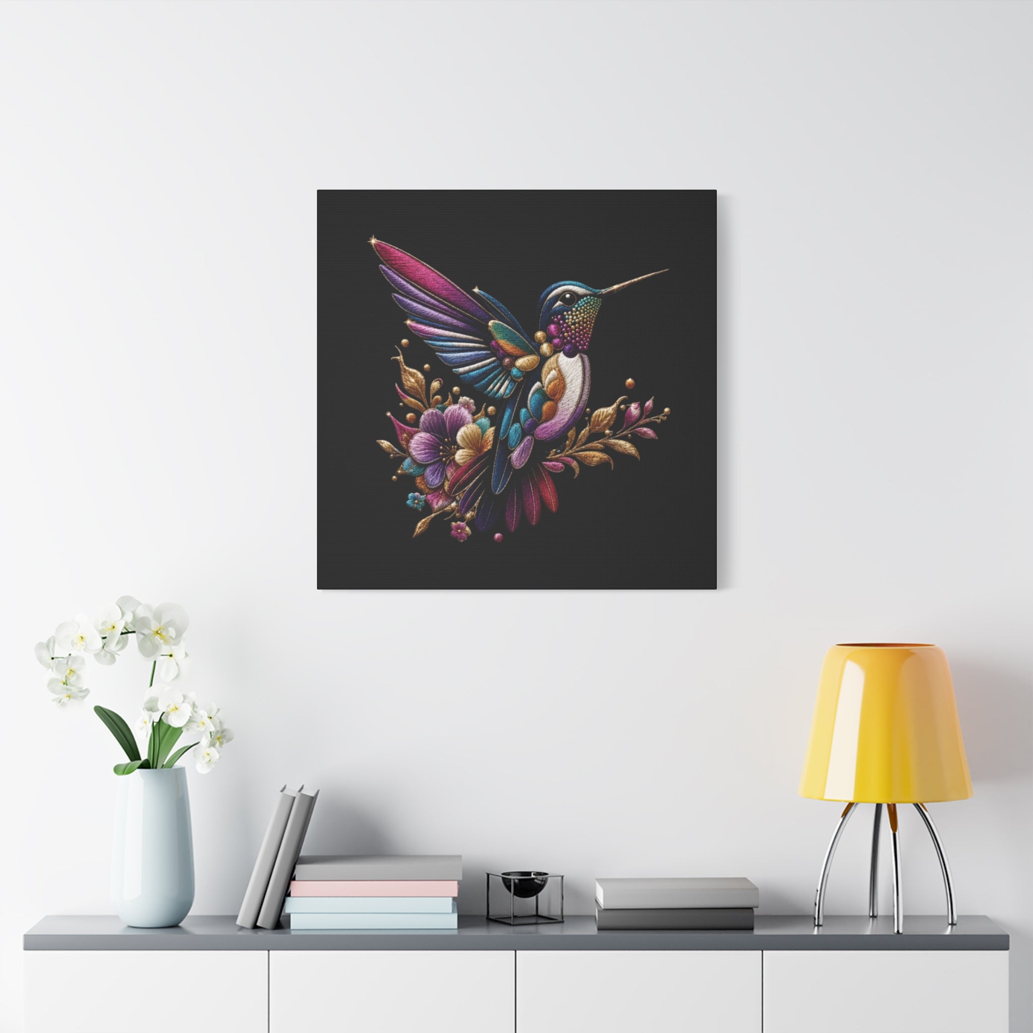 Colorful Hummingbird Floral Canvas Wall Art – Vibrant Bird Print on Black Matte