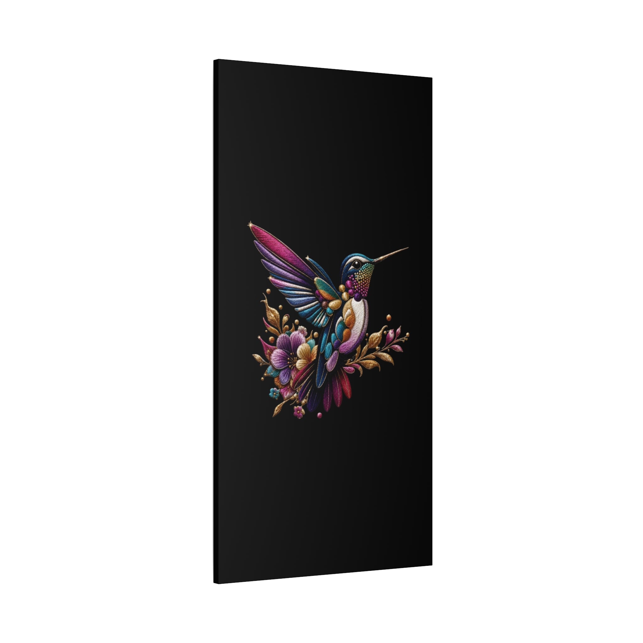 Colorful Hummingbird Floral Canvas Wall Art – Vibrant Bird Print on Black Matte