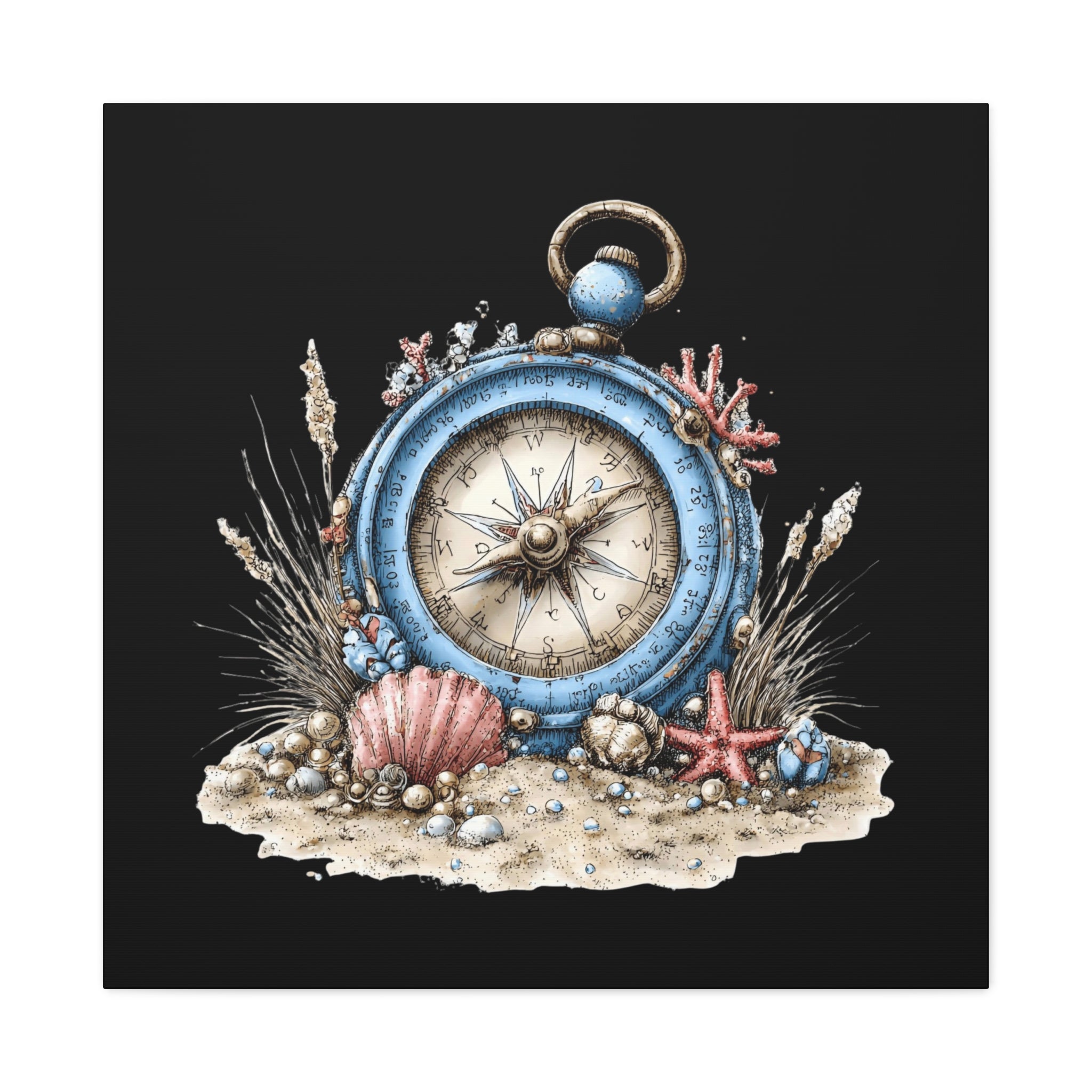 Nautical Compass Canvas Wall Art — Vintage Sea Shell Beach Decor