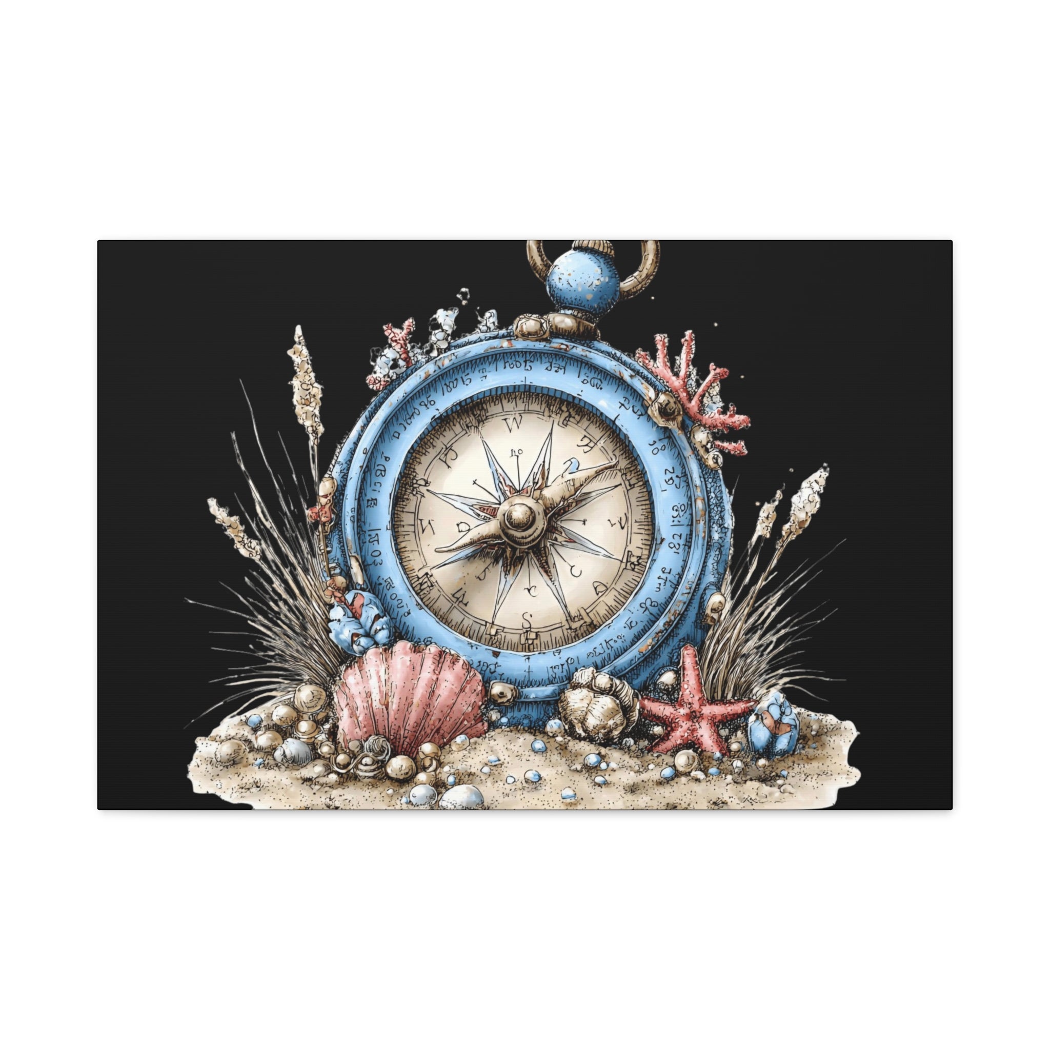 Nautical Compass Canvas Wall Art — Vintage Sea Shell Beach Decor