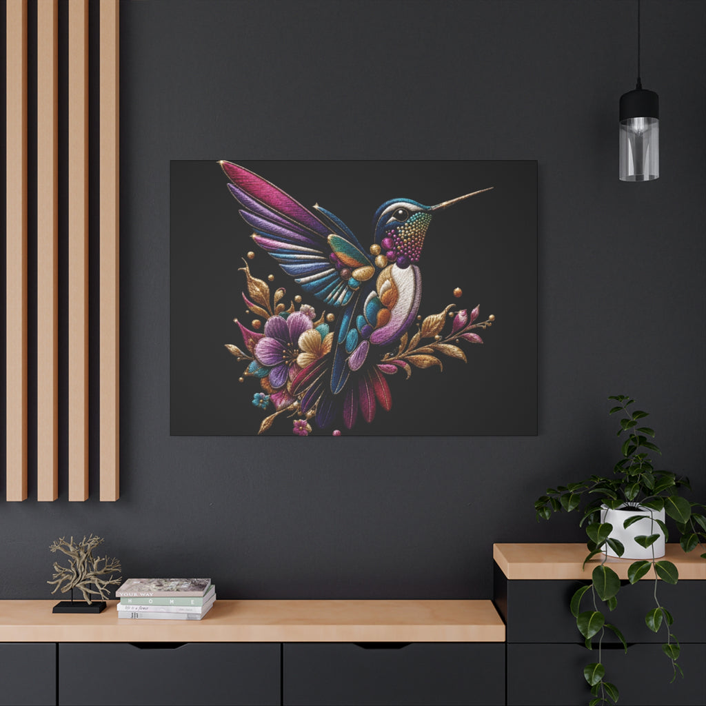 Colorful Hummingbird Floral Canvas Wall Art – Vibrant Bird Print on Black Matte