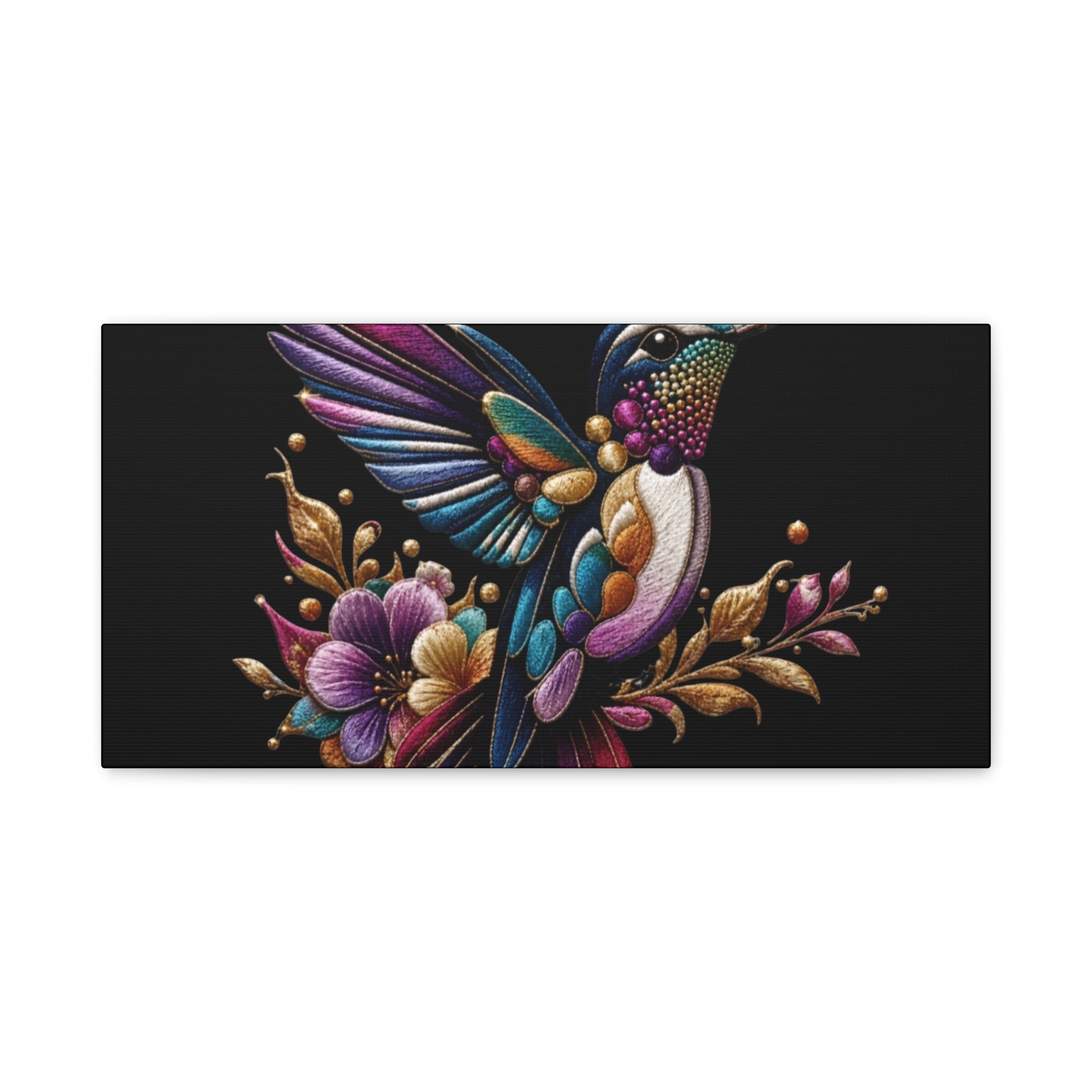 Colorful Hummingbird Floral Canvas Wall Art – Vibrant Bird Print on Black Matte