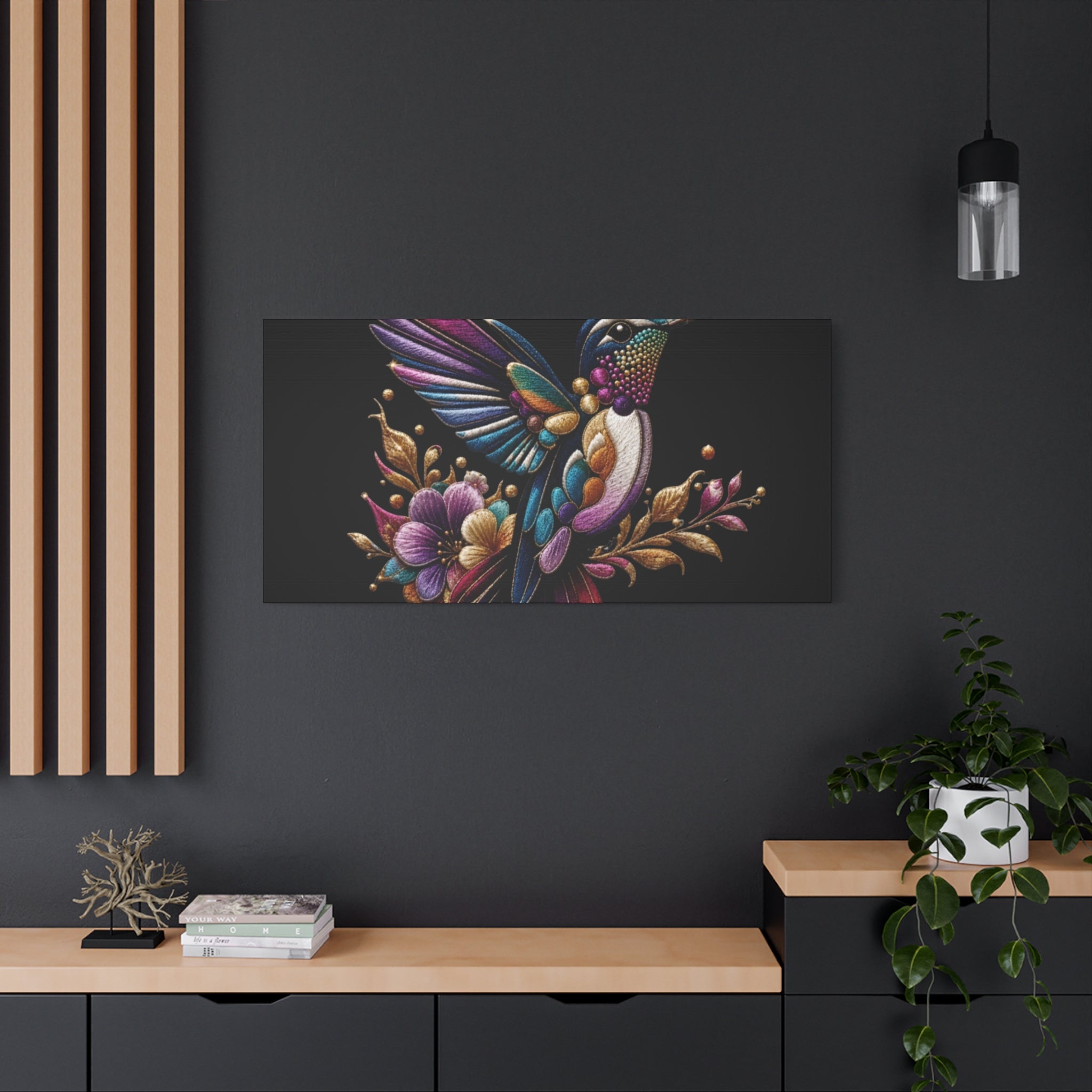 Colorful Hummingbird Floral Canvas Wall Art – Vibrant Bird Print on Black Matte