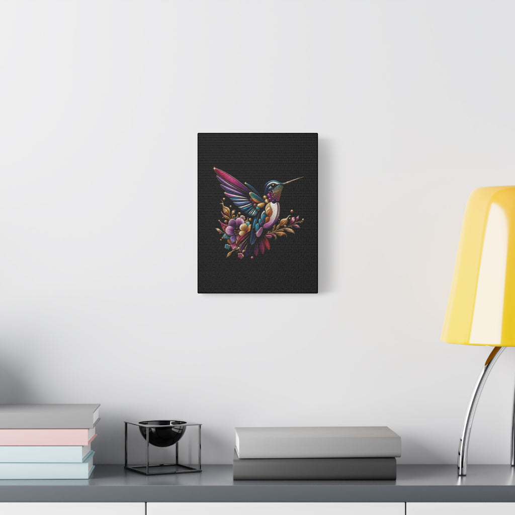 Colorful Hummingbird Floral Canvas Wall Art – Vibrant Bird Print on Black Matte
