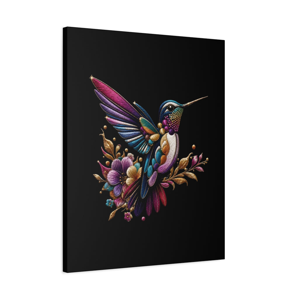 Colorful Hummingbird Floral Canvas Wall Art – Vibrant Bird Print on Black Matte