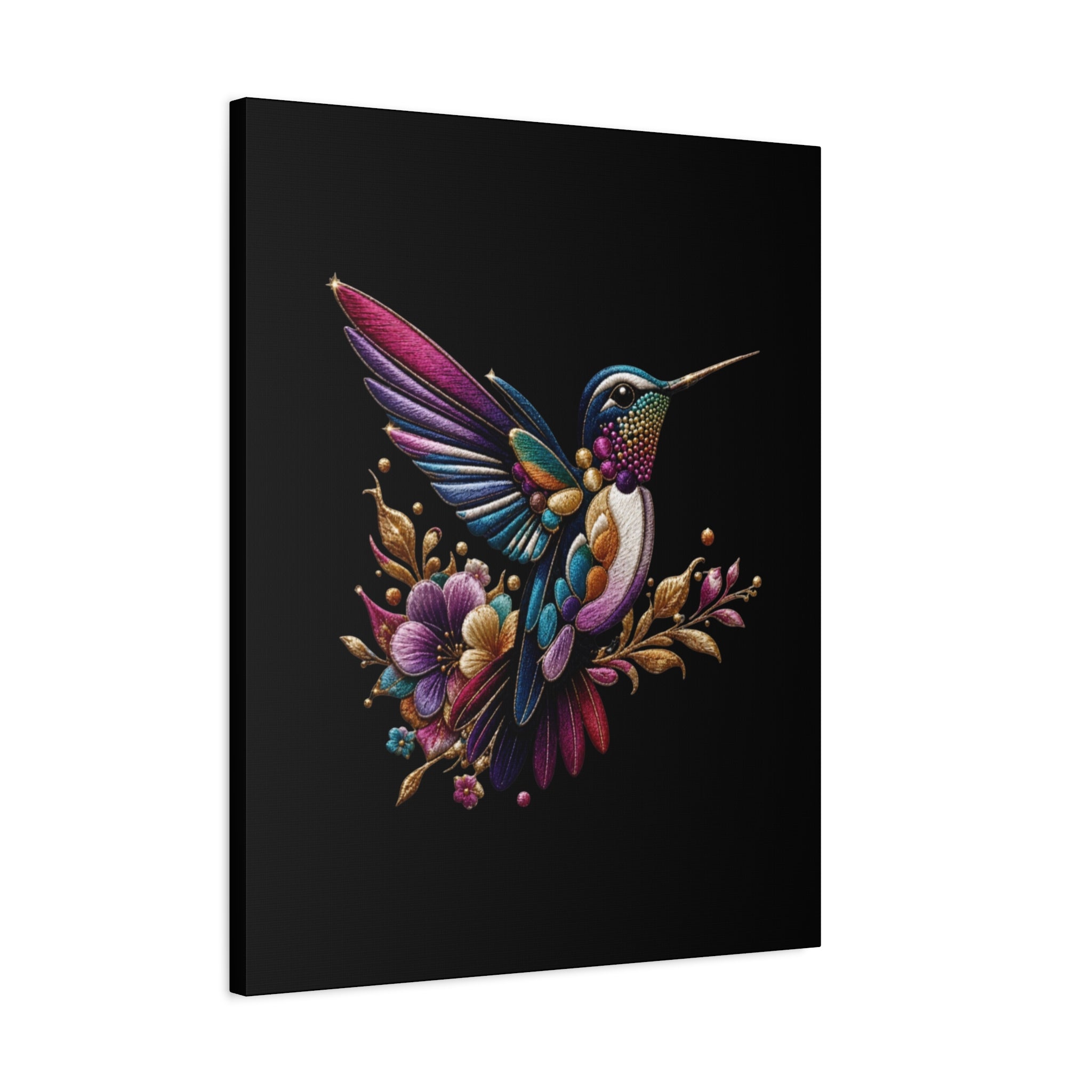Colorful Hummingbird Floral Canvas Wall Art – Vibrant Bird Print on Black Matte