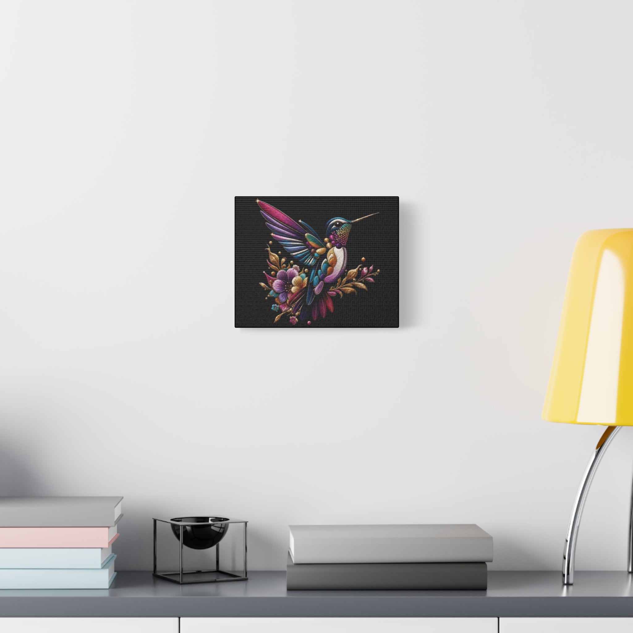 Colorful Hummingbird Floral Canvas Wall Art – Vibrant Bird Print on Black Matte